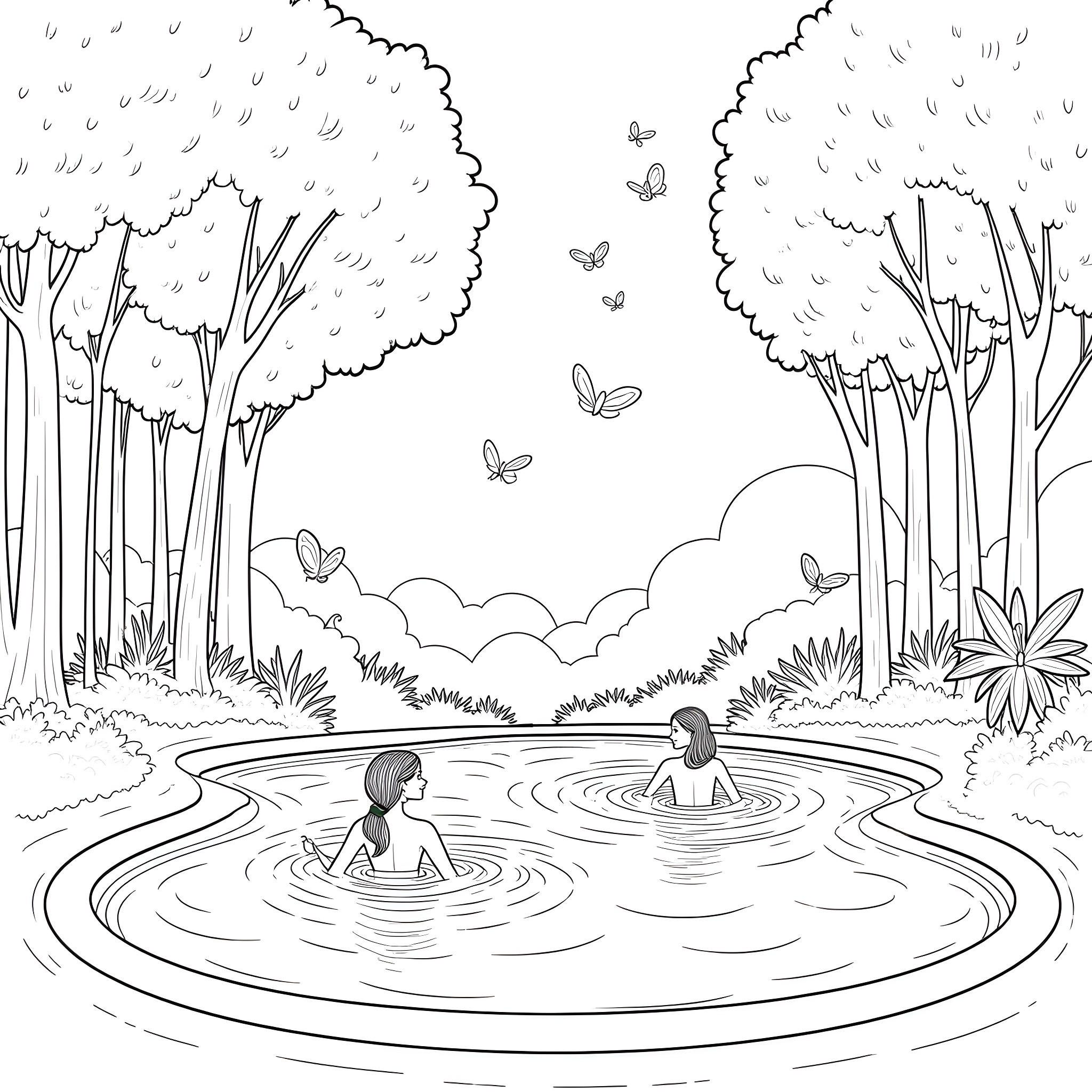 Person swimming happily in a serene forest pond Coloring Page (free black-and-white line drawing printable PDF for all, from beginners to advanced learners, including children, teens, adults, and seniors)