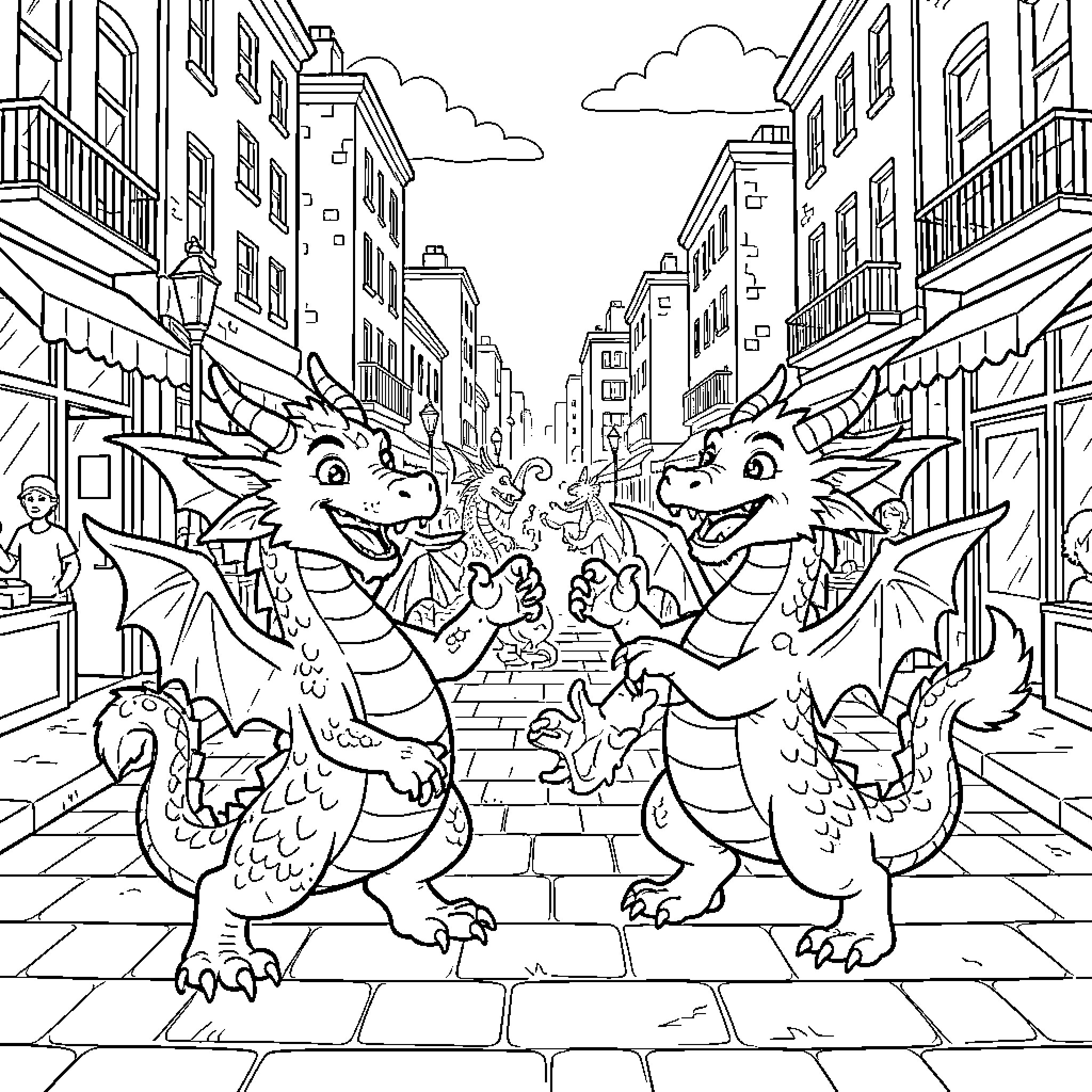 Dragon friends playing together on a city street Coloring Page (free black-and-white line drawing printable PDF for all, from beginners to advanced learners, including children, teens, adults, and seniors)