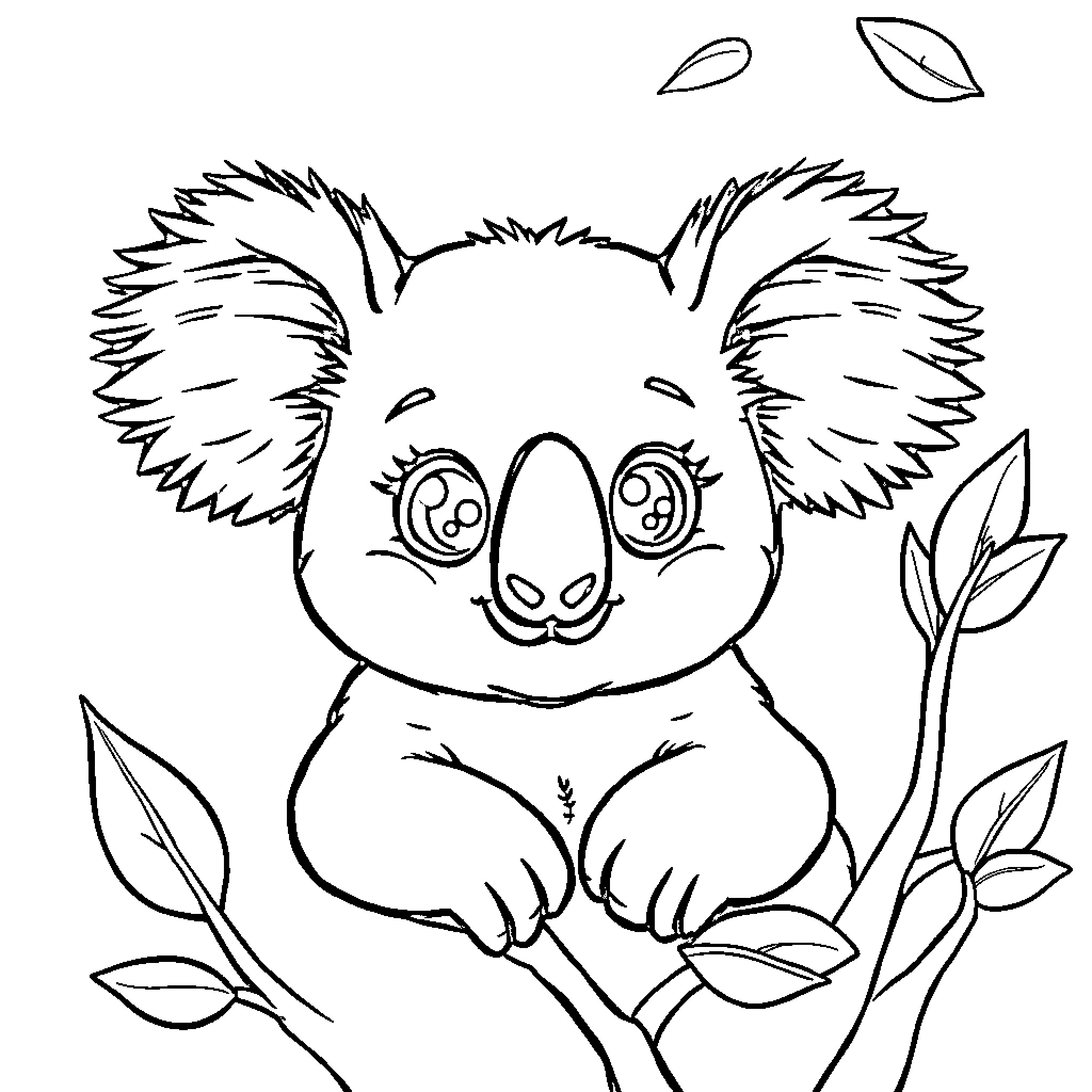 Koala sitting amongst leaves Coloring Page (free black-and-white line drawing printable PDF for all, from beginners to advanced learners, including children, teens, adults, and seniors)