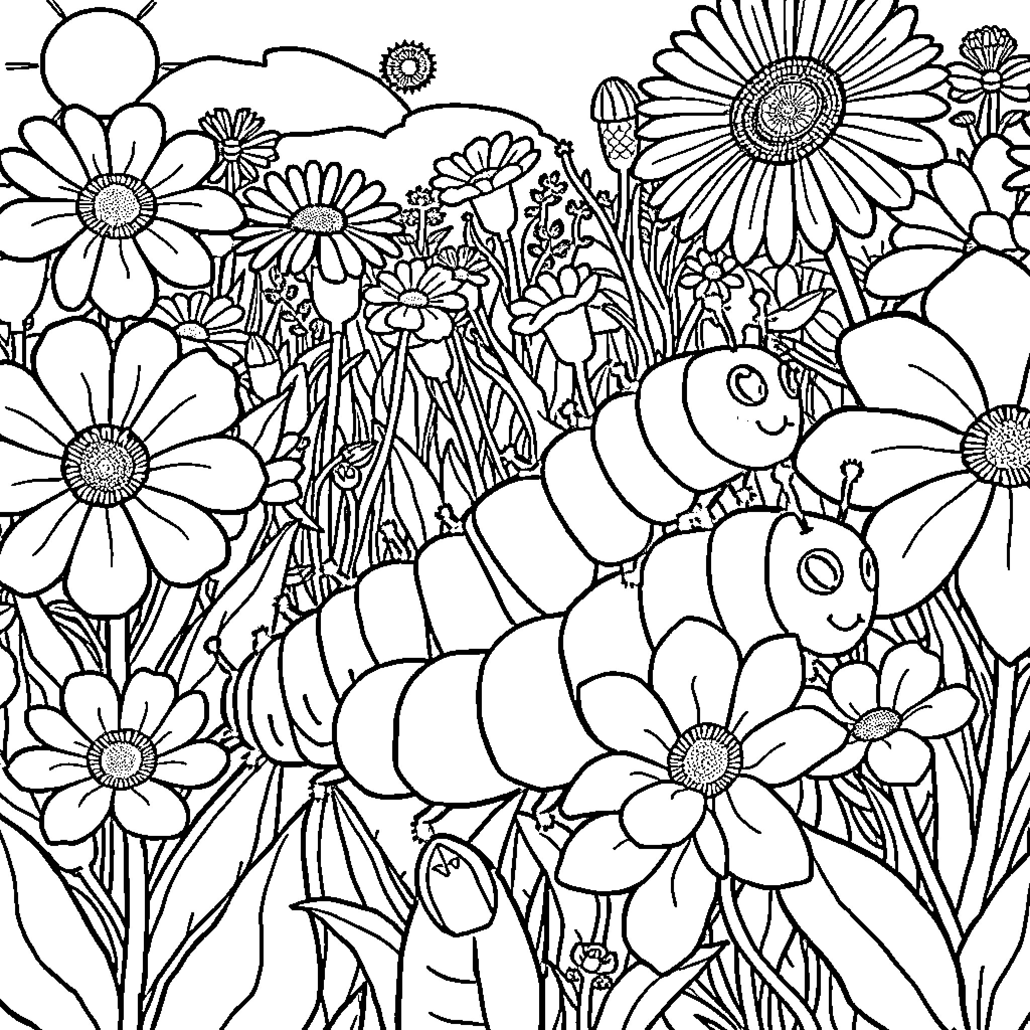Caterpillar exploring the flower garden Coloring Page (free black-and-white line drawing printable PDF for all, from beginners to advanced learners, including children, teens, adults, and seniors)