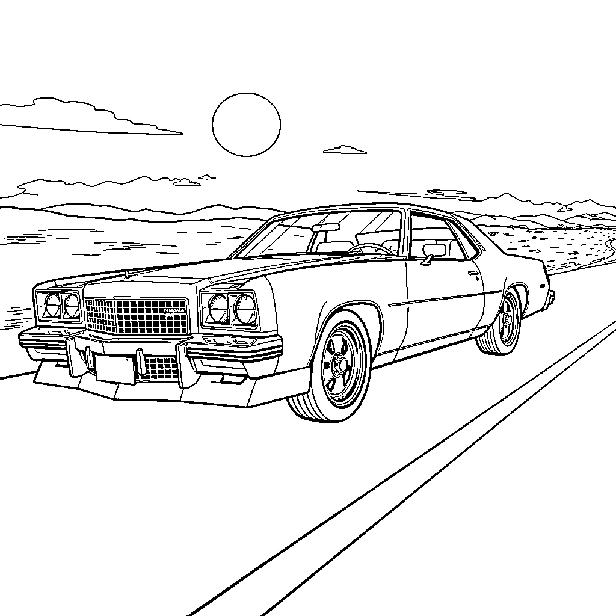 Monte Carlo Car driving on the open road Coloring Page (free black-and-white line drawing printable PDF for all, from beginners to advanced learners, including children, teens, adults, and seniors)