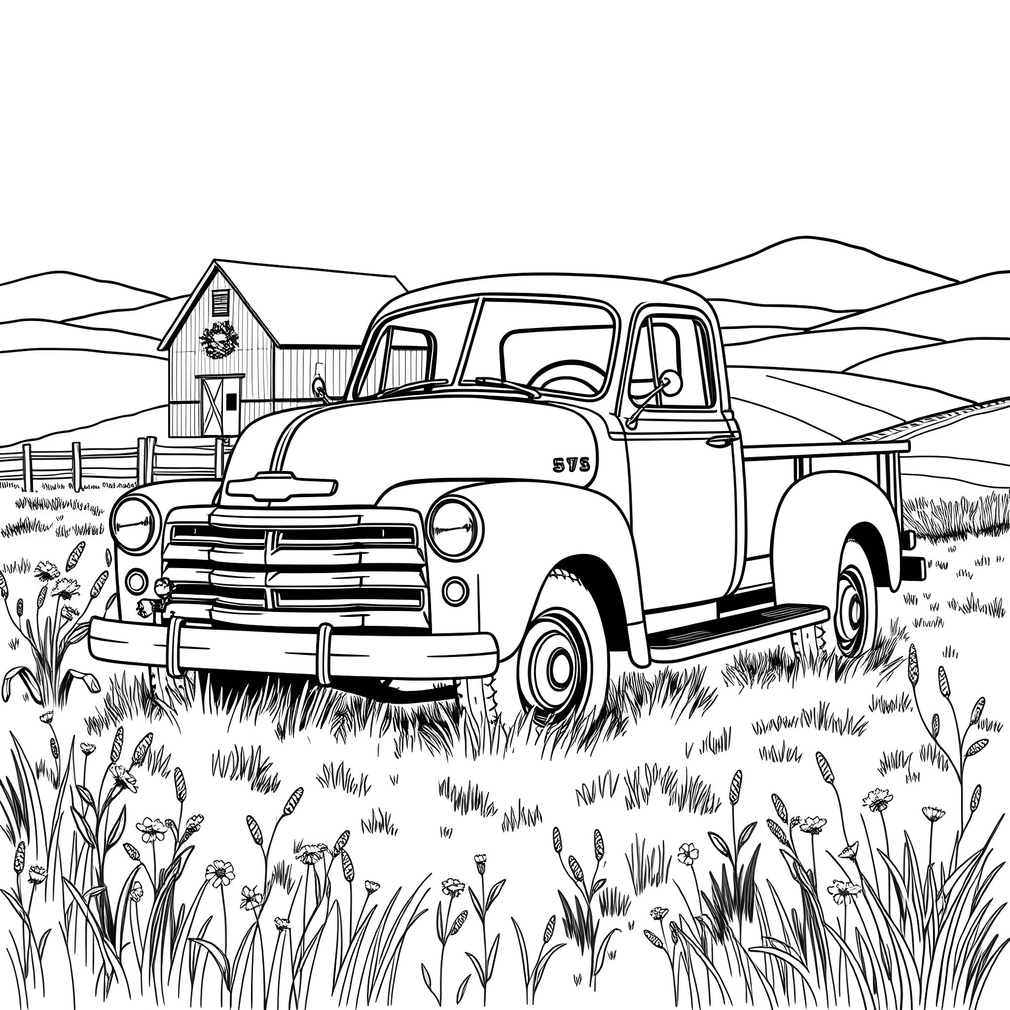 Truck parked in a rural farmhouse landscape Coloring Page (free black-and-white line drawing printable PDF for all, from beginners to advanced learners, including children, teens, adults, and seniors)
