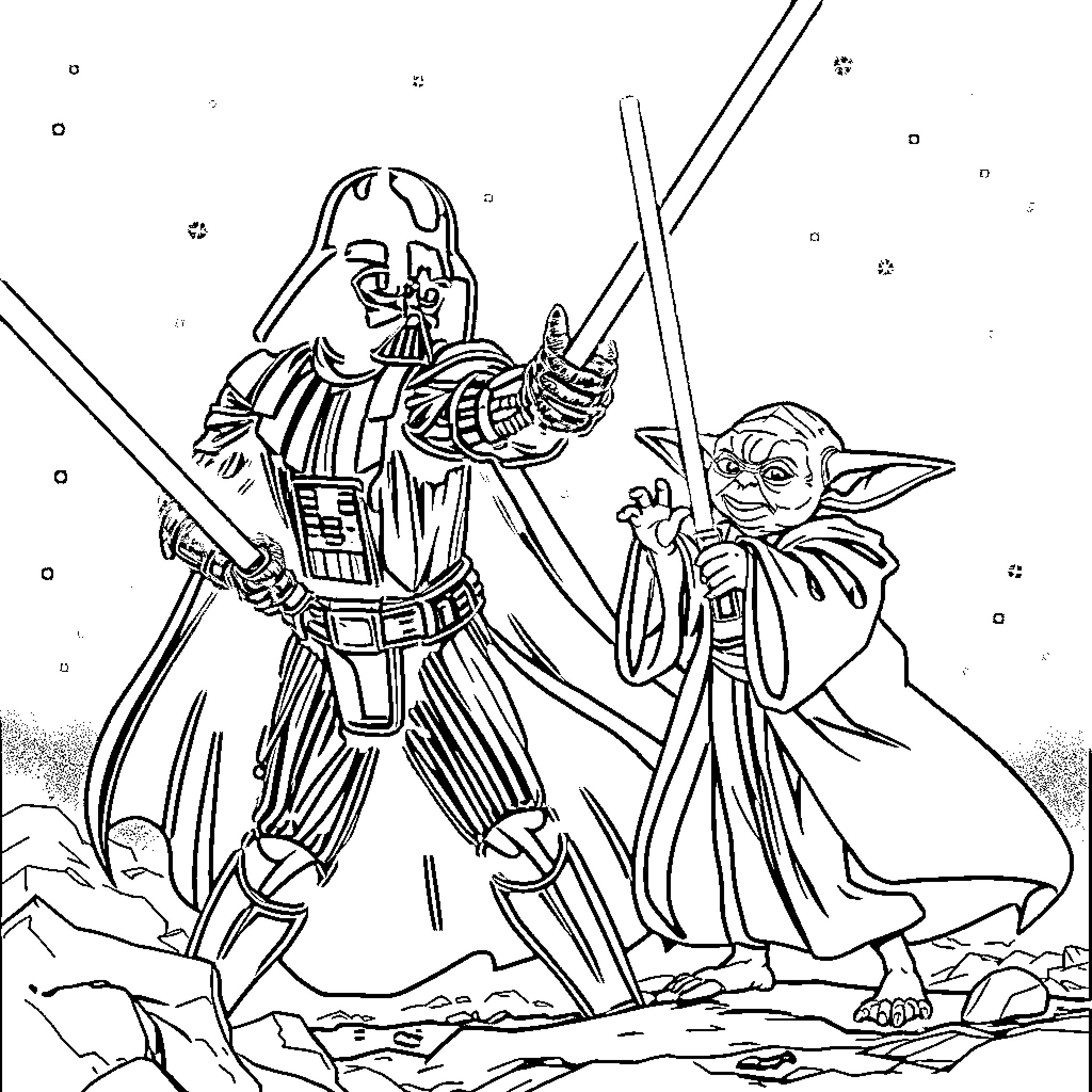 Darth Vader confronting Yoda in a fierce battle Coloring Page (free black-and-white line drawing printable PDF for all, from beginners to advanced learners, including children, teens, adults, and seniors)