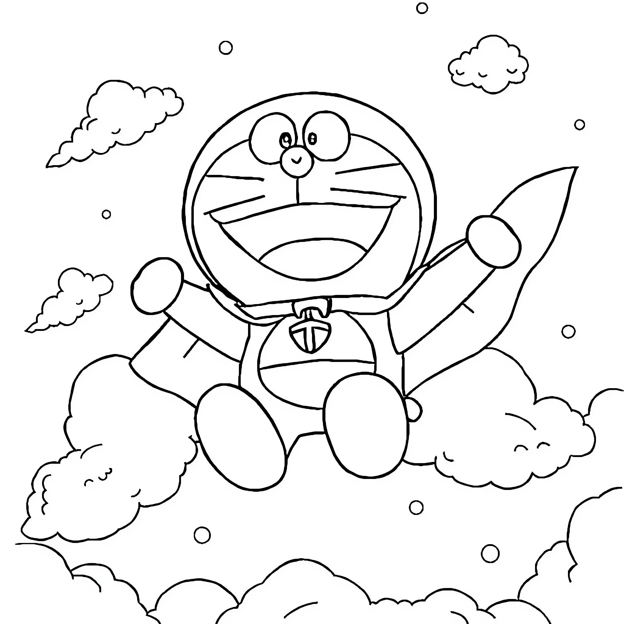 Doraemon floating happily in the clouds Coloring Page (free black-and-white line drawing printable PDF for all, from beginners to advanced learners, including children, teens, adults, and seniors)