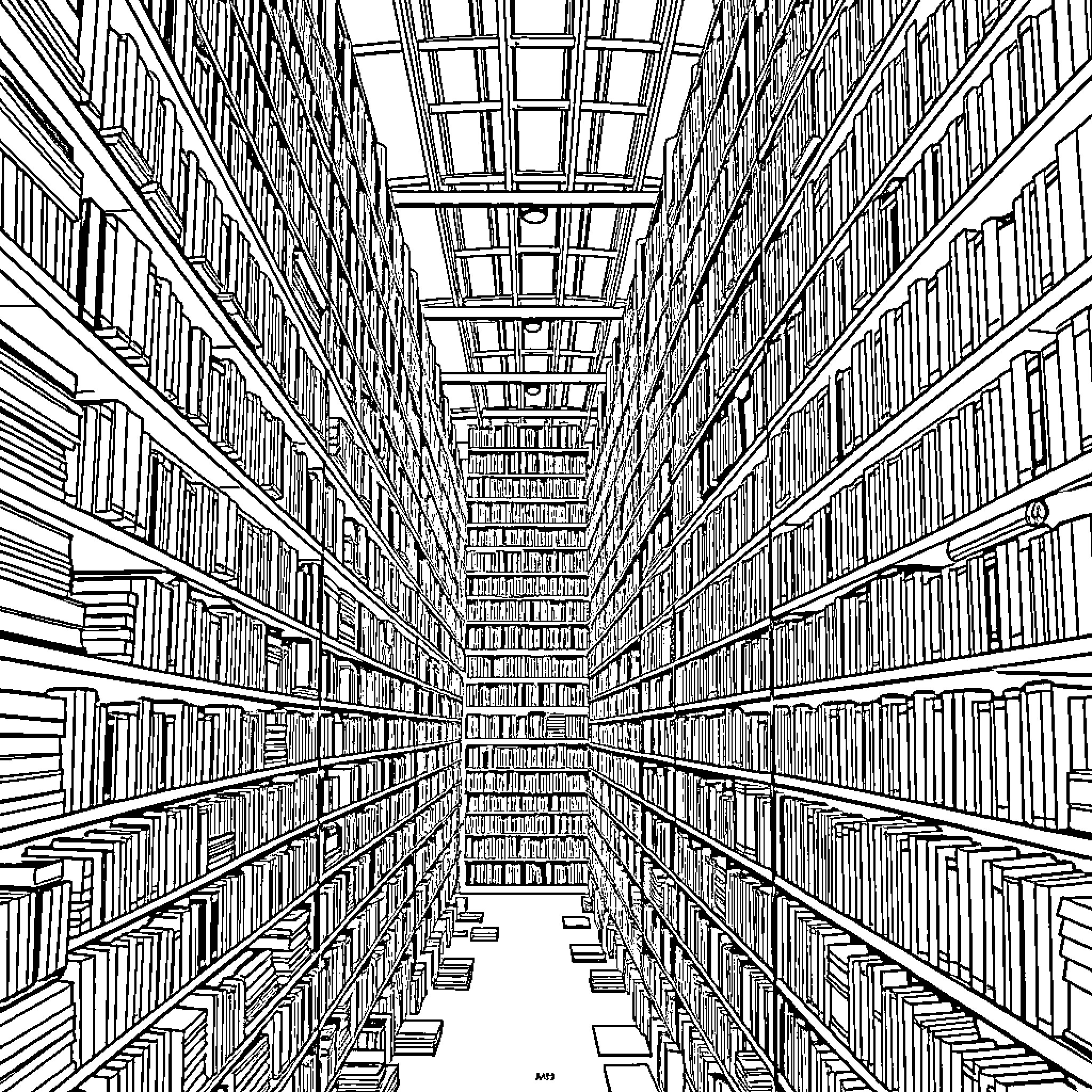Library of Endless Bookshelves Coloring Page (free black-and-white line drawing printable PDF for all, from beginners to advanced learners, including children, teens, adults, and seniors)