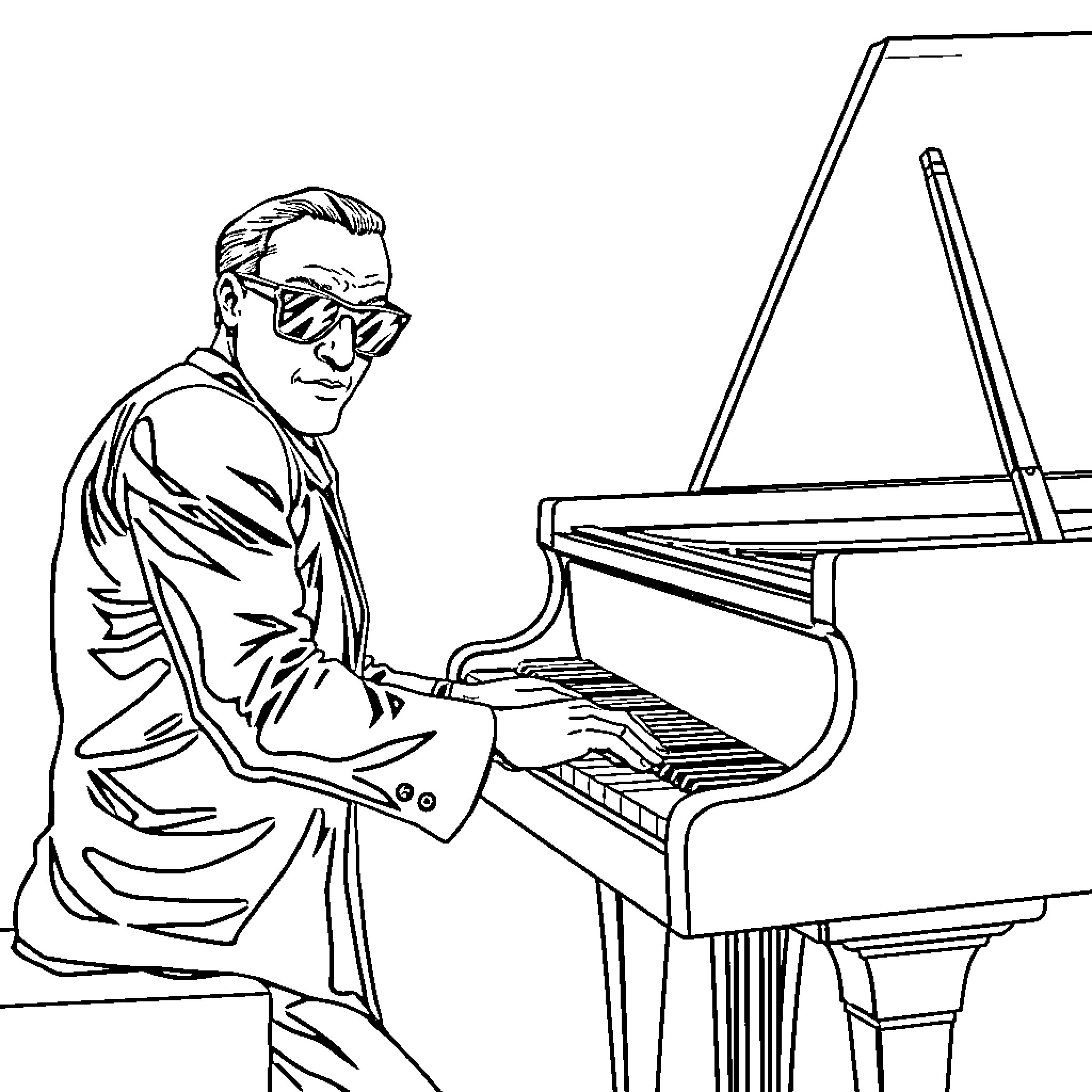 Daredevil pianist performing on grand piano Coloring Page (free black-and-white line drawing printable PDF for all, from beginners to advanced learners, including children, teens, adults, and seniors)