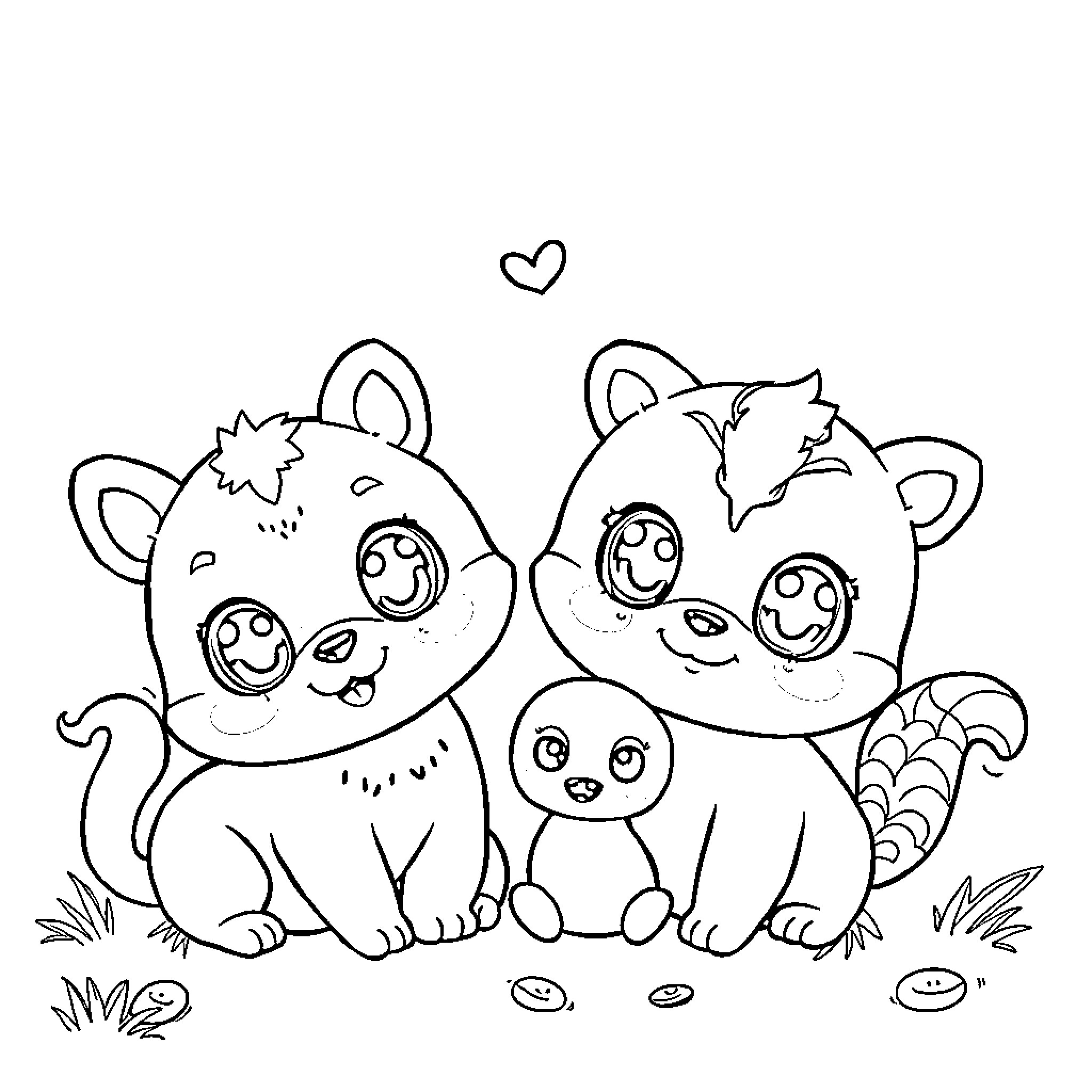 Animal family with cute expressions enjoying nature Coloring Page (free black-and-white line drawing printable PDF for all, from beginners to advanced learners, including children, teens, adults, and seniors)