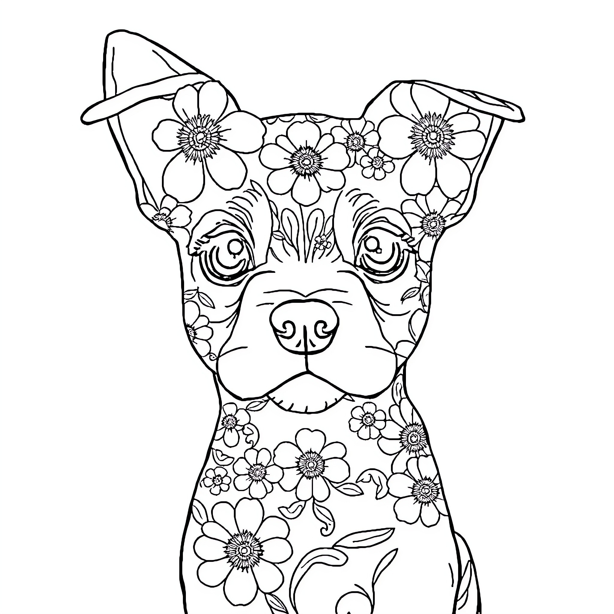 Dog surrounded by flowery designs Coloring Page (free black-and-white line drawing printable PDF for all, from beginners to advanced learners, including children, teens, adults, and seniors)