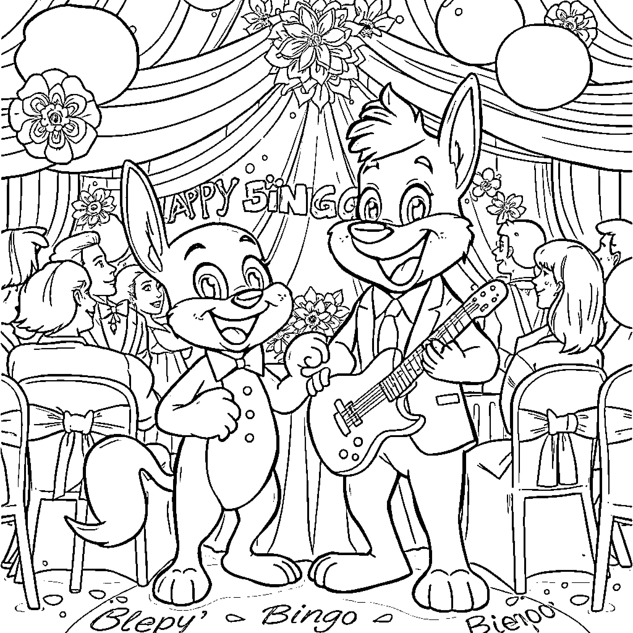 Bluey characters in a festive performance Coloring Page (free black-and-white line drawing printable PDF for all, from beginners to advanced learners, including children, teens, adults, and seniors)