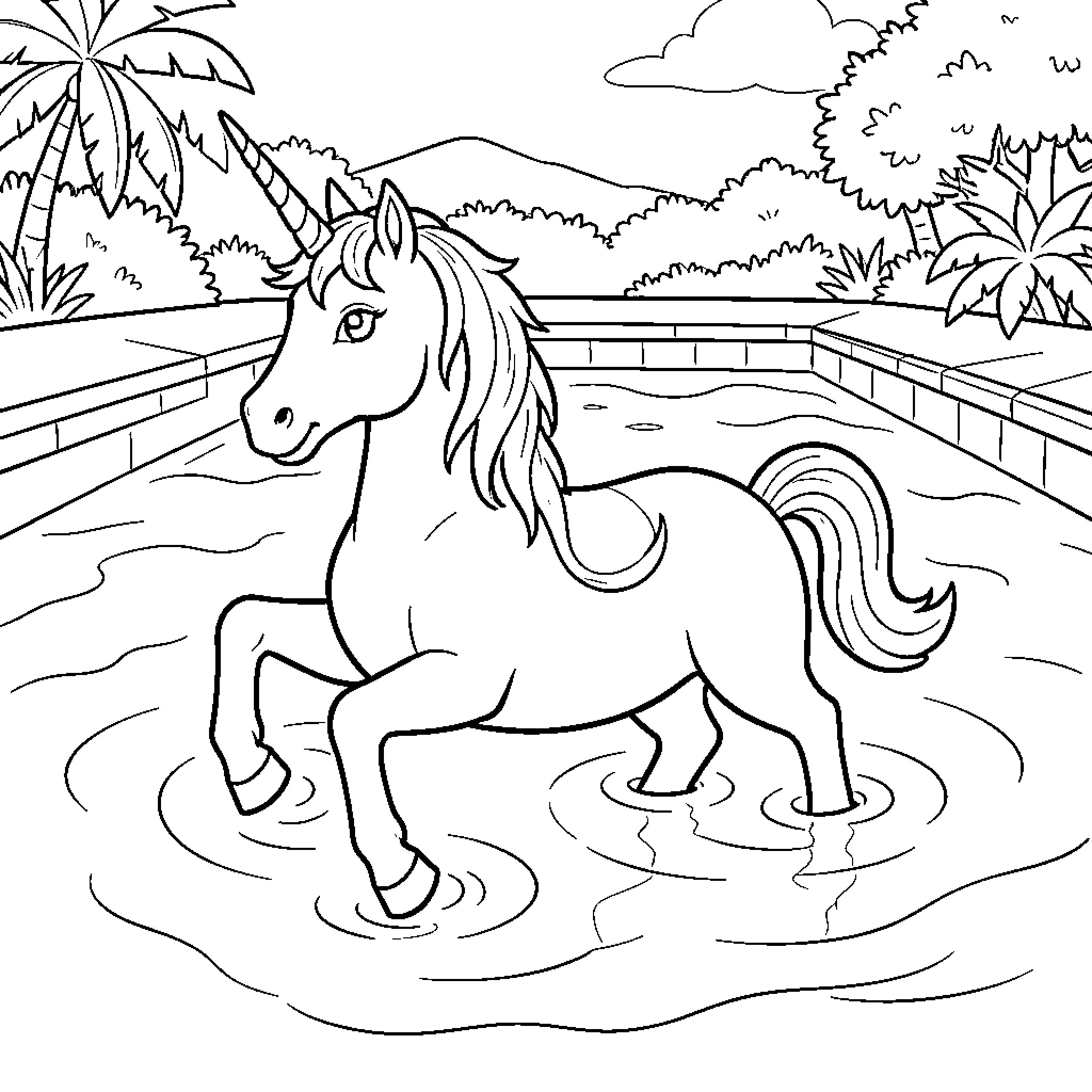 Unicorn standing playfully in a tropical swimming pool Coloring Page (free black-and-white line drawing printable PDF for all, from beginners to advanced learners, including children, teens, adults, and seniors)