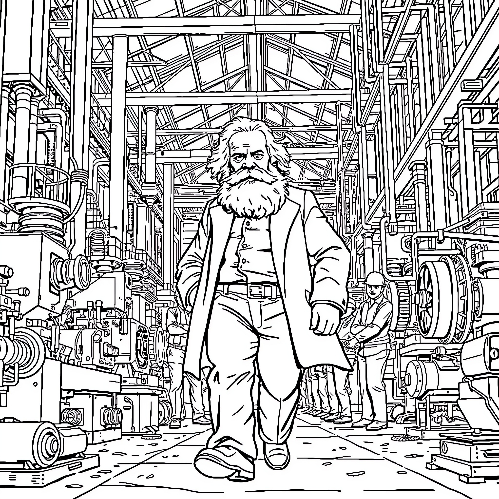 Karl Marx in Industrial Workshop Setting Coloring Page (free black-and-white line drawing printable PDF for all, from beginners to advanced learners, including children, teens, adults, and seniors)
