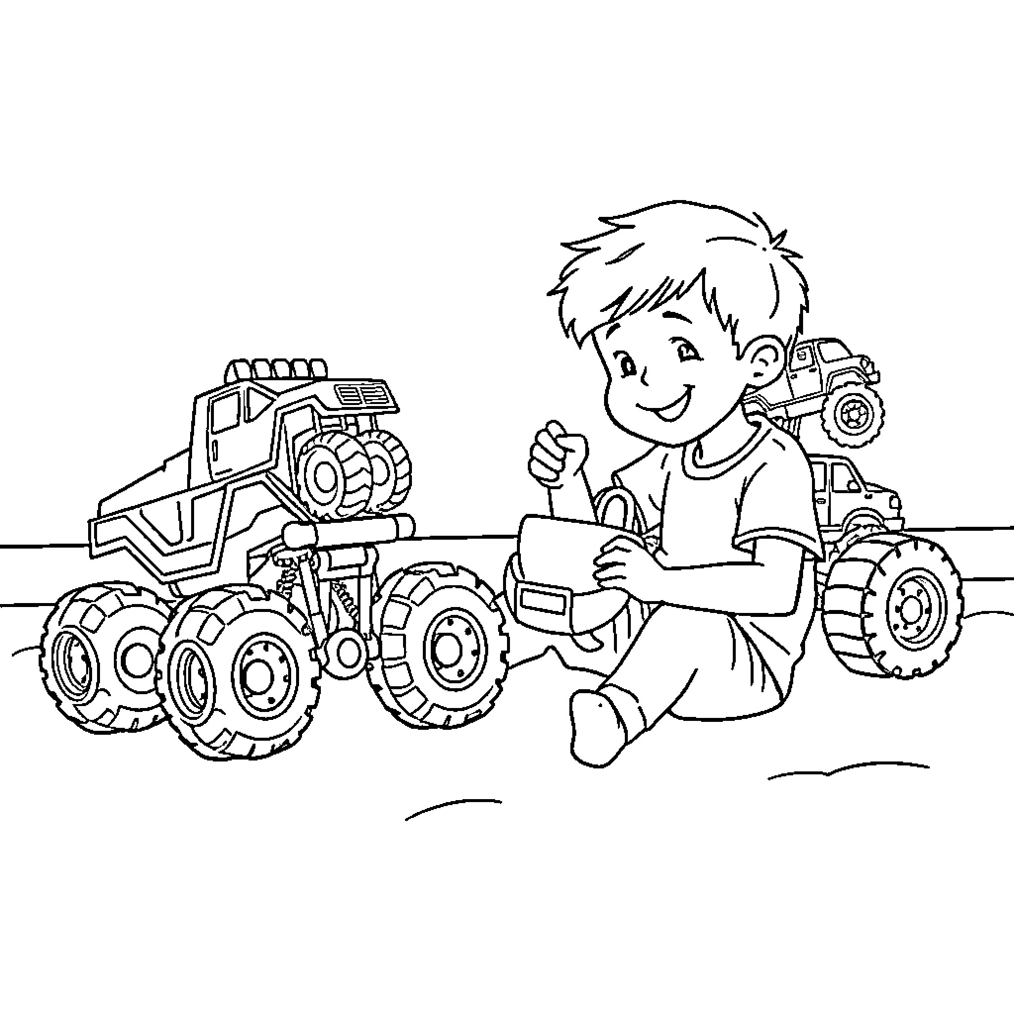 Boy Playing Happily with Toy Trucks Coloring Page (free black-and-white line drawing printable PDF for all, from beginners to advanced learners, including children, teens, adults, and seniors)