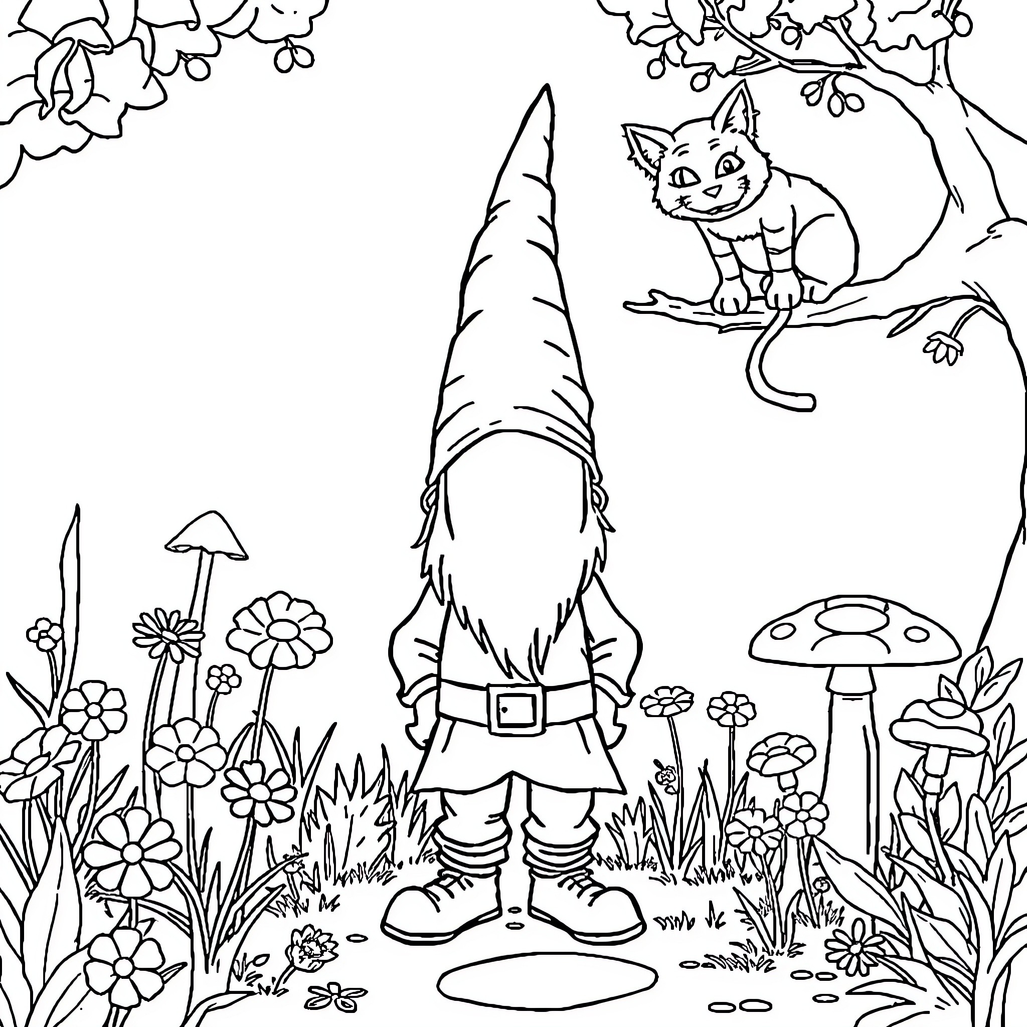 Gnome exploring the enchanted forest with a cat Coloring Page (free black-and-white line drawing printable PDF for all, from beginners to advanced learners, including children, teens, adults, and seniors)