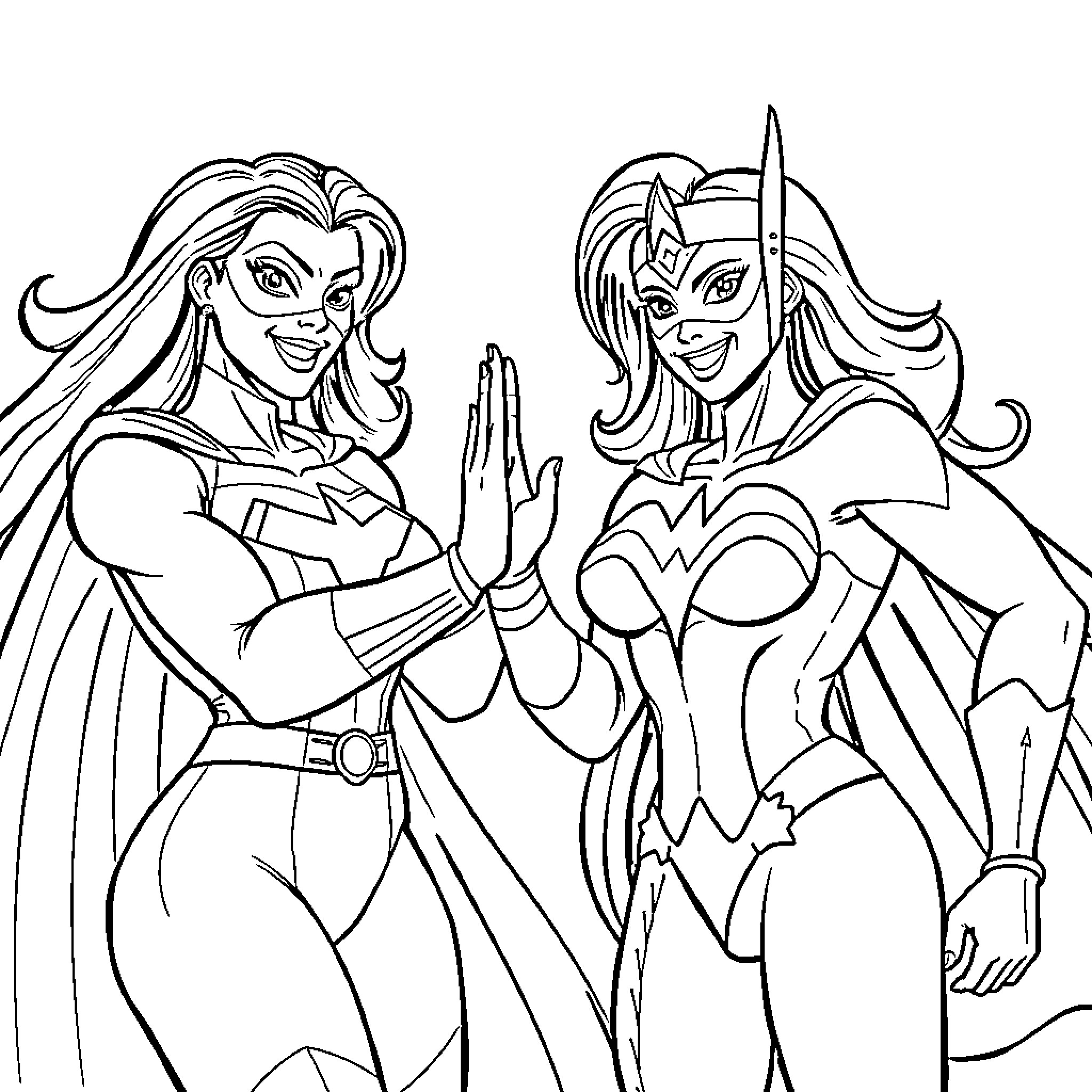 Superwoman and Superheroine in Action Coloring Page (free black-and-white line drawing printable PDF for all, from beginners to advanced learners, including children, teens, adults, and seniors)
