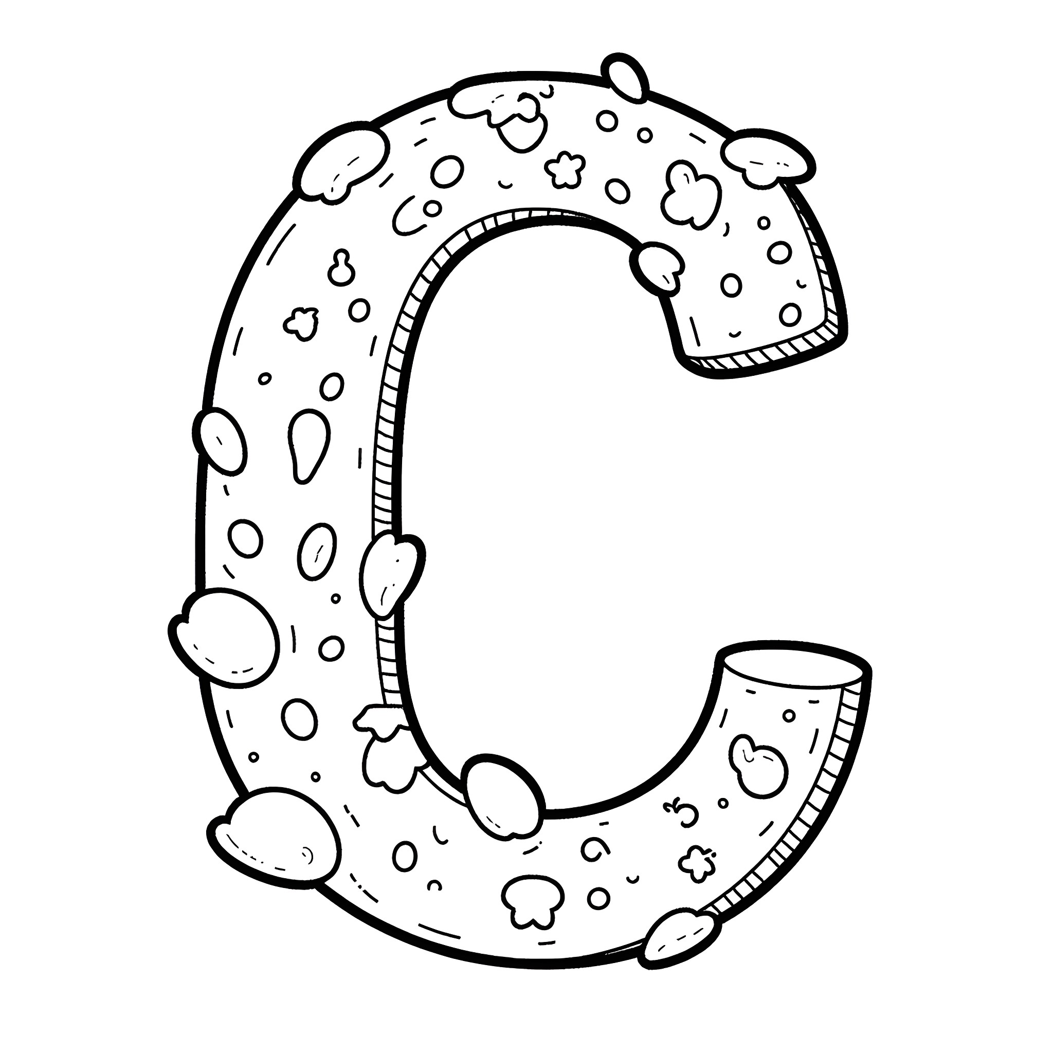 Cute Cartoon-like Character Letter C Coloring Page (free black-and-white line drawing printable PDF for all, from beginners to advanced learners, including children, teens, adults, and seniors)