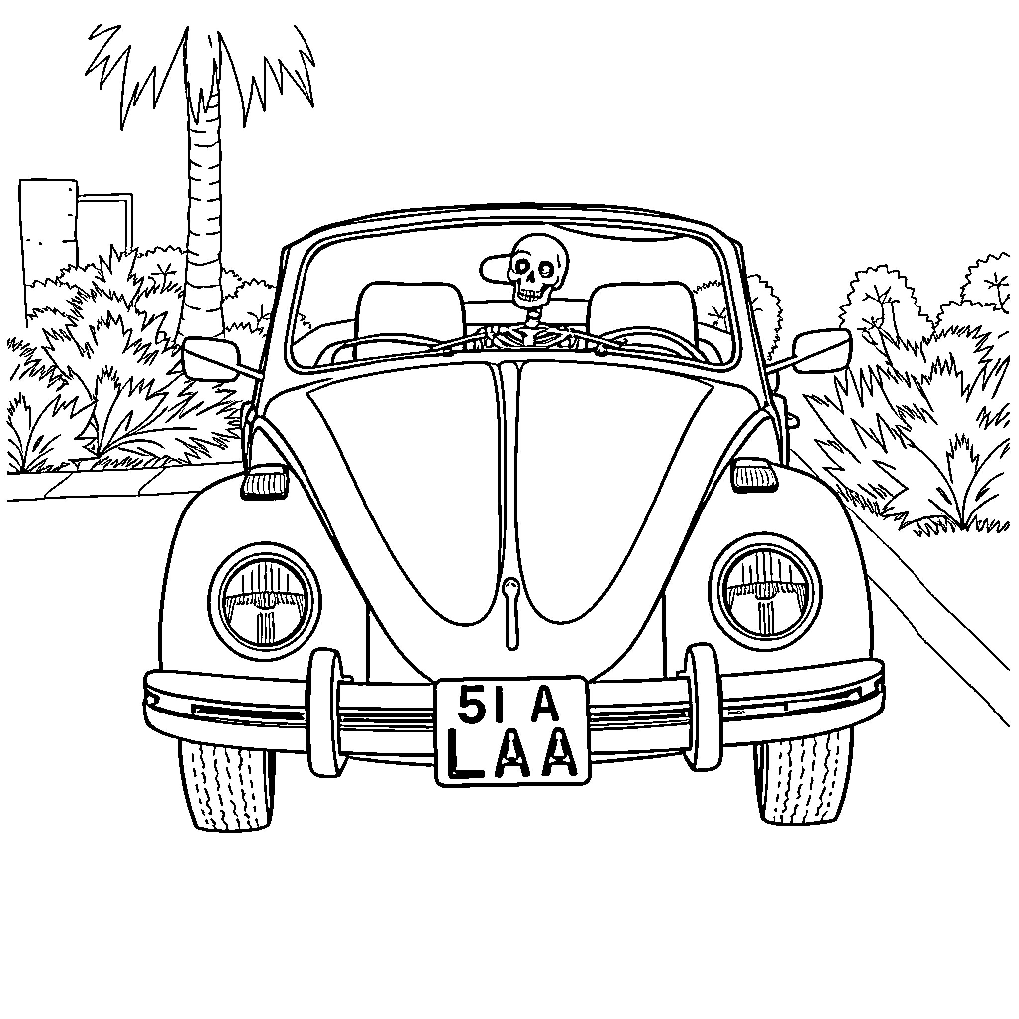 Volkswagen Beetle driving through tropical landscape Coloring Page (free black-and-white line drawing printable PDF for all, from beginners to advanced learners, including children, teens, adults, and seniors)