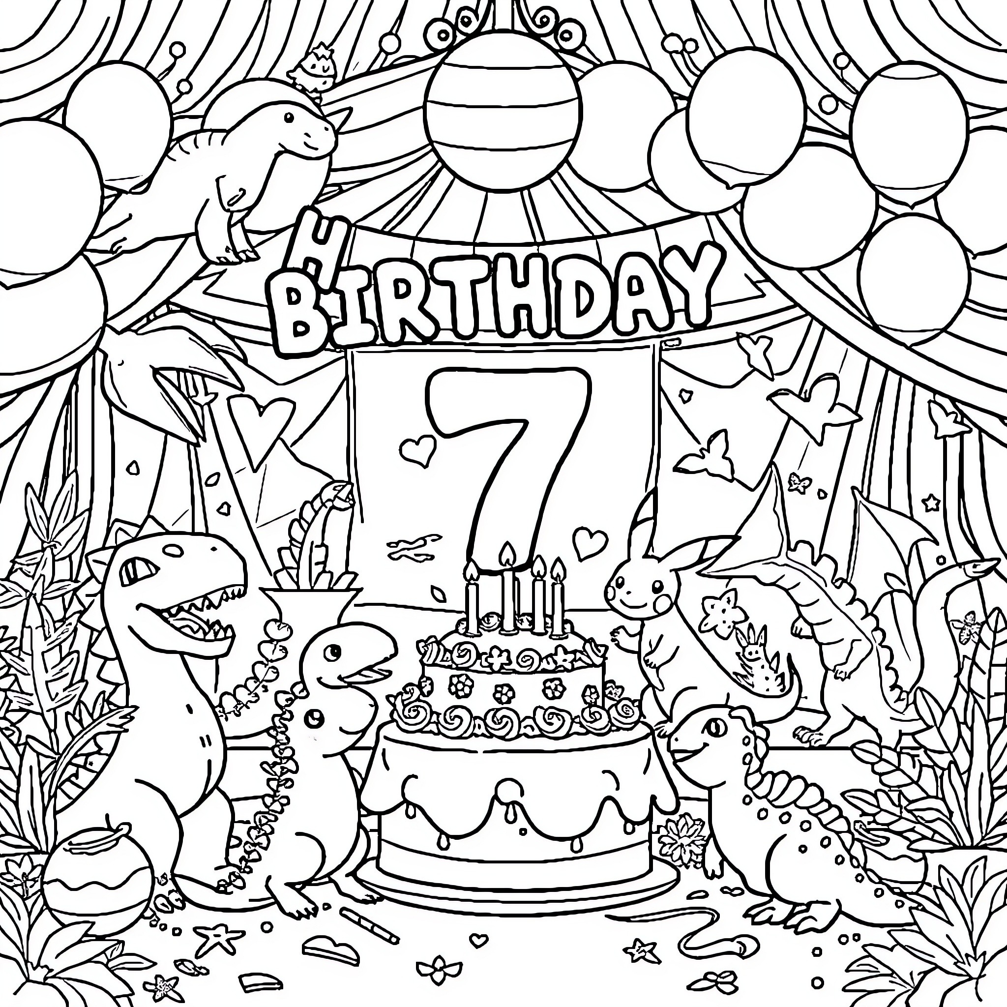 Dinosaur birthday party with cake and decorations Coloring Page (free black-and-white line drawing printable PDF for all, from beginners to advanced learners, including children, teens, adults, and seniors)