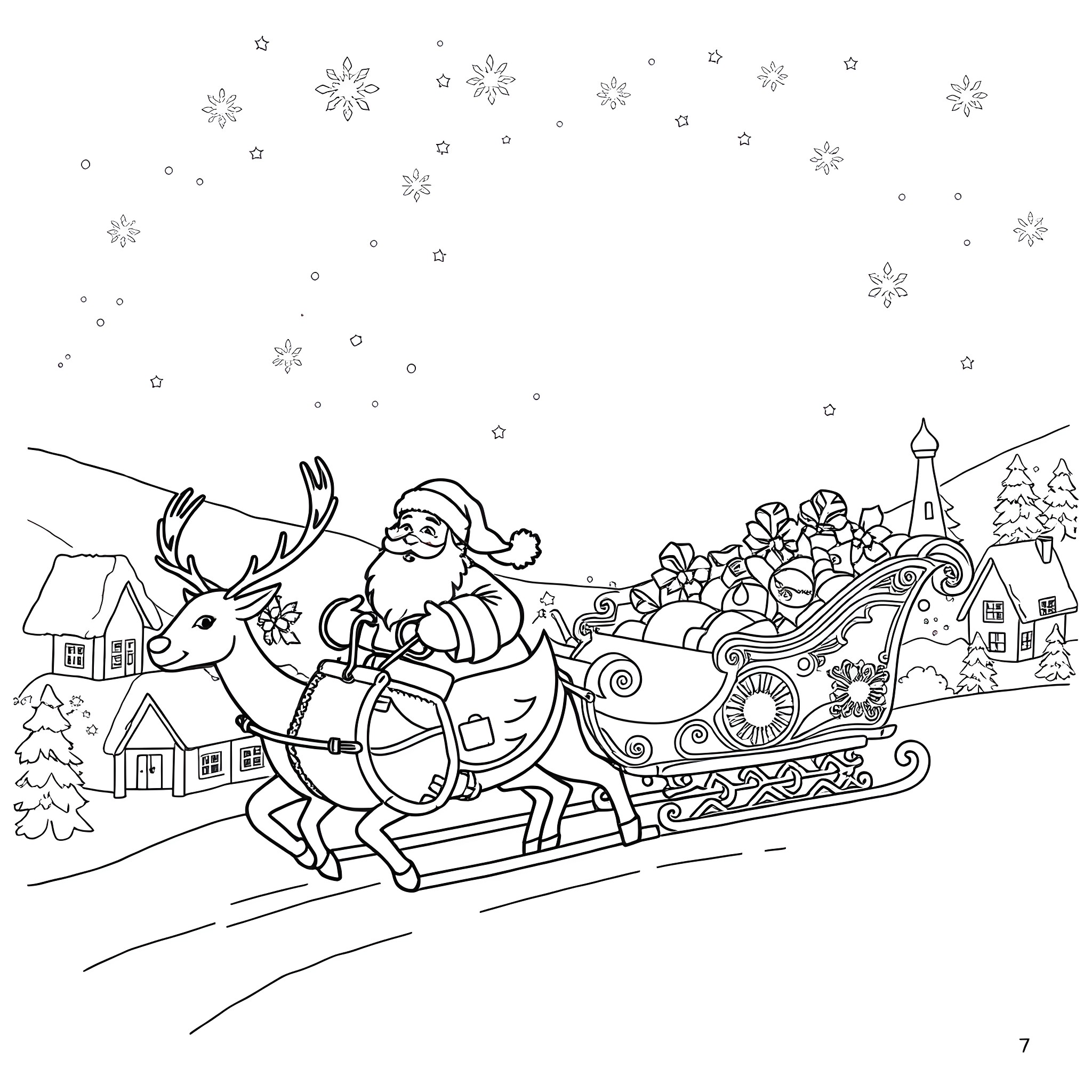 Santa riding sleigh with reindeer through winter wonderland Coloring Page (free black-and-white line drawing printable PDF for all, from beginners to advanced learners, including children, teens, adults, and seniors)