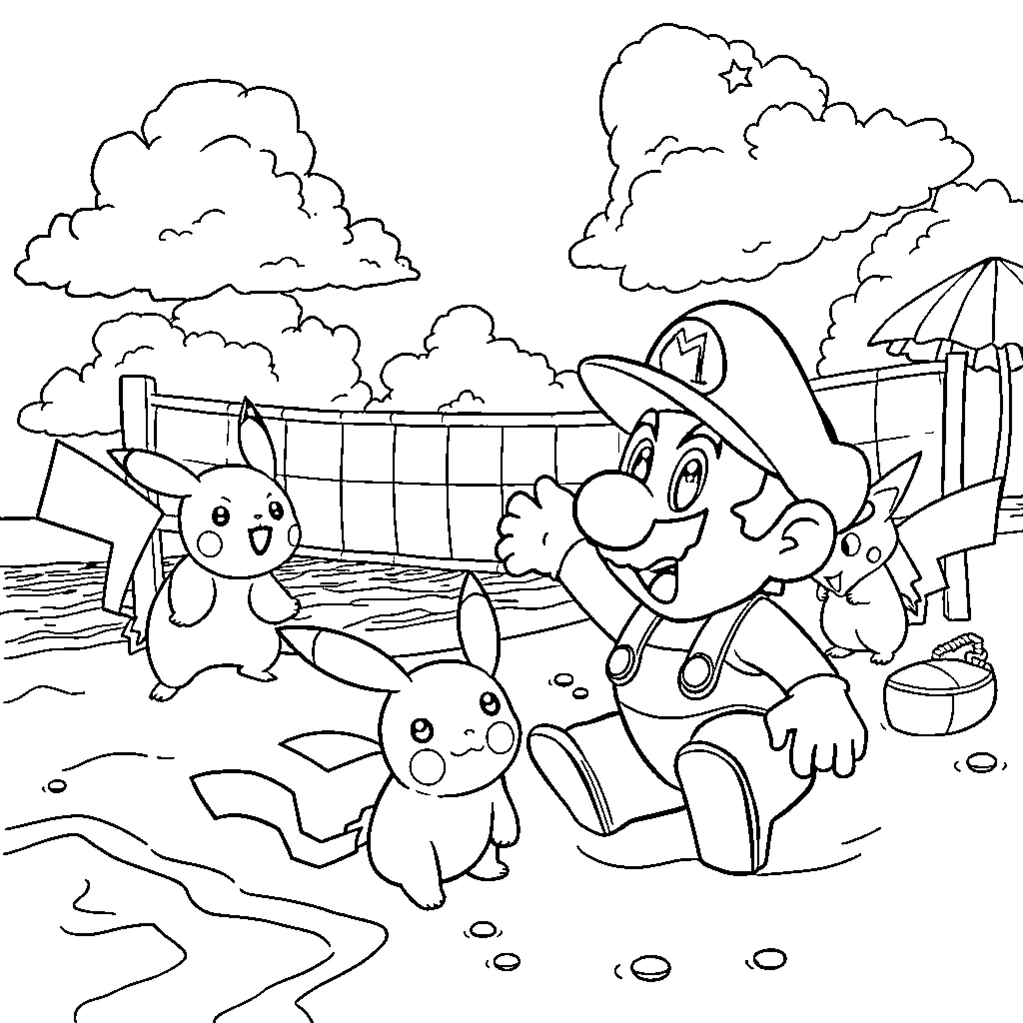 Super Mario and Pikachu's Beach Adventure Coloring Page (free black-and-white line drawing printable PDF for all, from beginners to advanced learners, including children, teens, adults, and seniors)