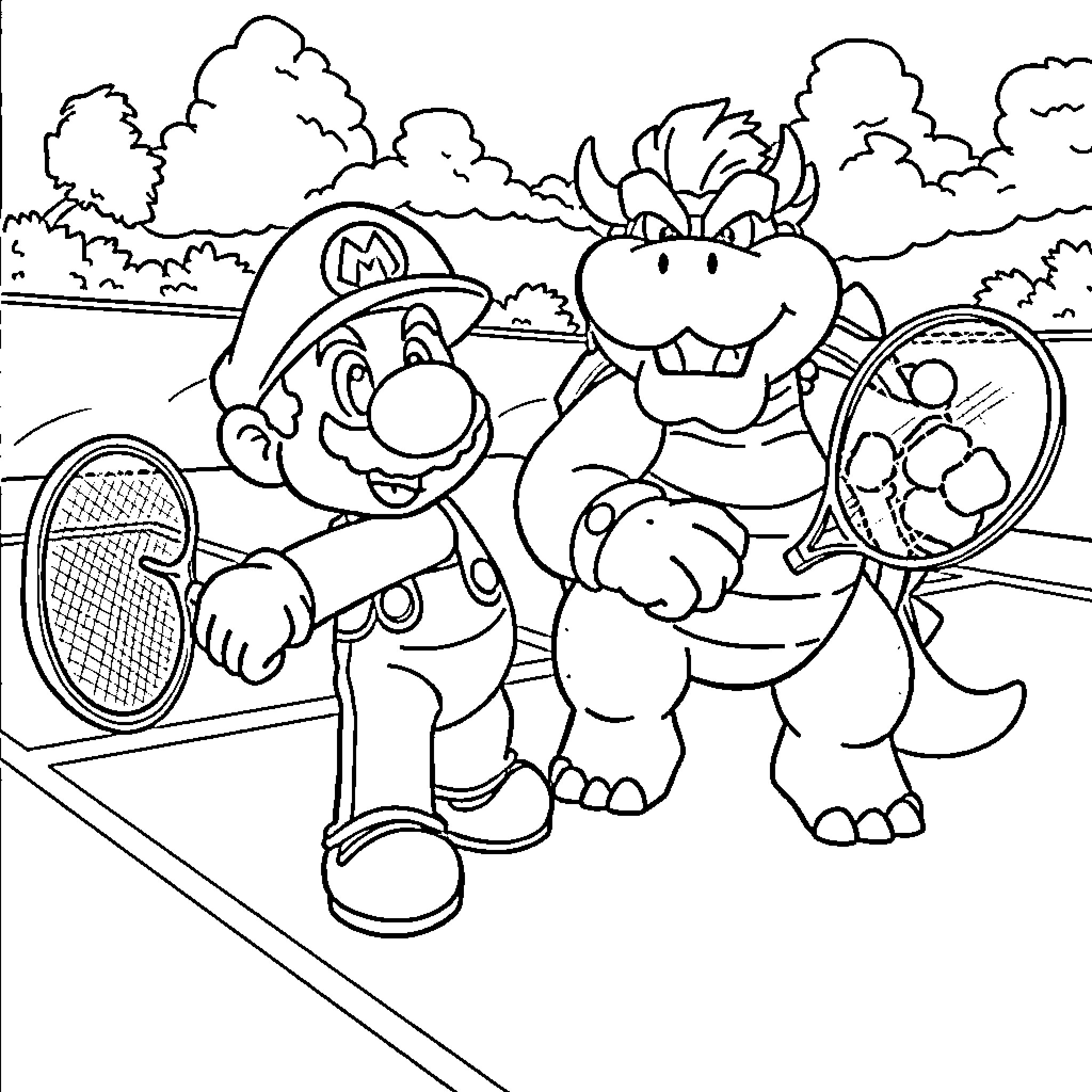 Mario playing tennis with a monster friend Coloring Page (free black-and-white line drawing printable PDF for all, from beginners to advanced learners, including children, teens, adults, and seniors)
