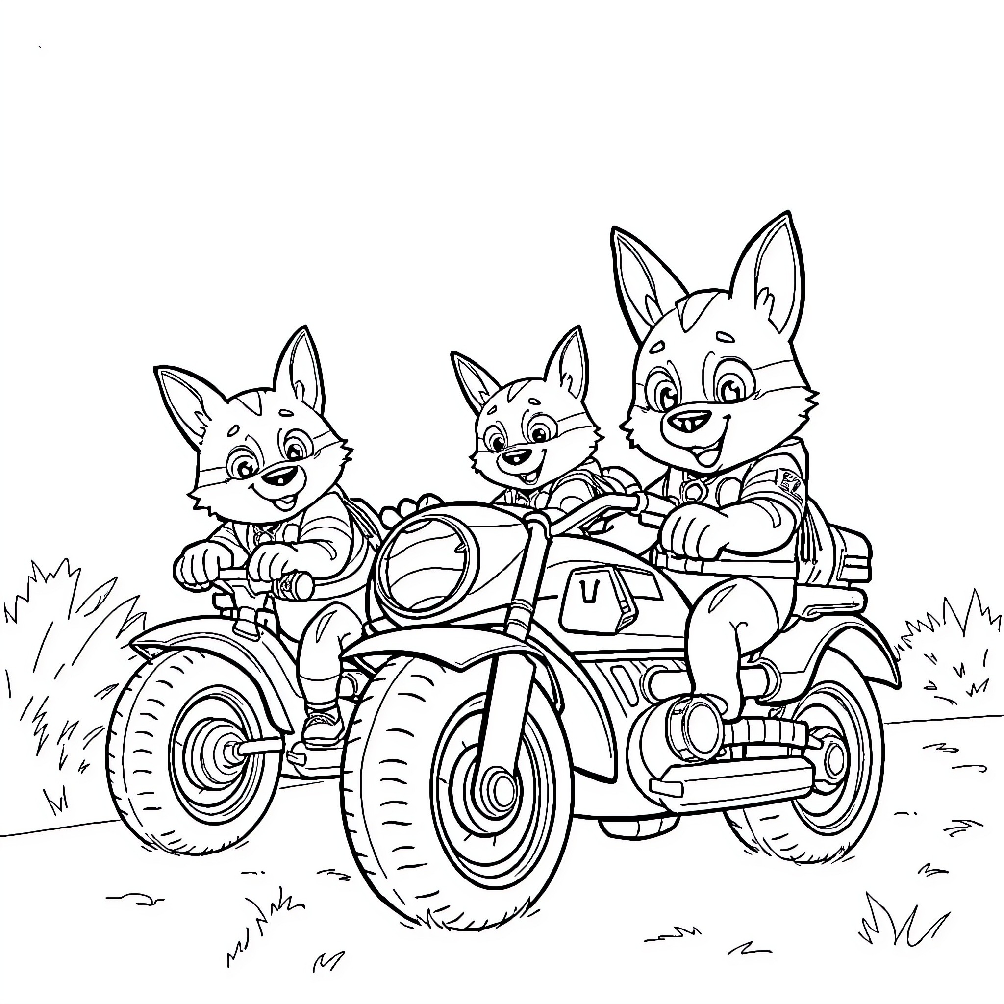 Puppy pals riding on a motorcycle Coloring Page (free black-and-white line drawing printable PDF for all, from beginners to advanced learners, including children, teens, adults, and seniors)