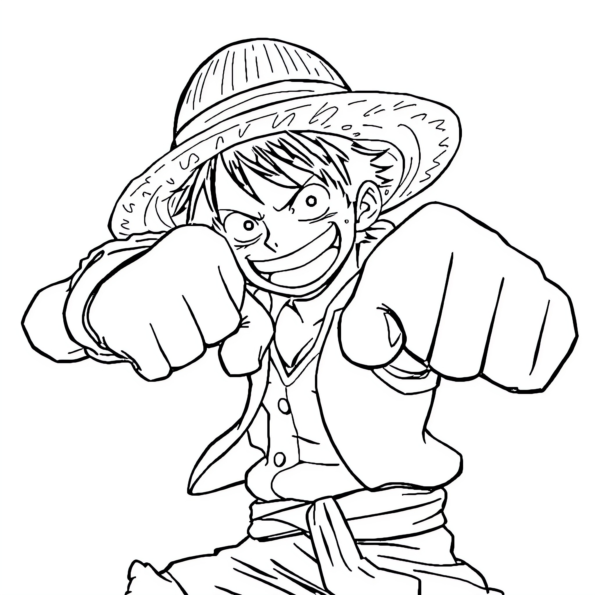 Luffy's Adventurous Pose with Straw Hat Coloring Page (free black-and-white line drawing printable PDF for all, from beginners to advanced learners, including children, teens, adults, and seniors)