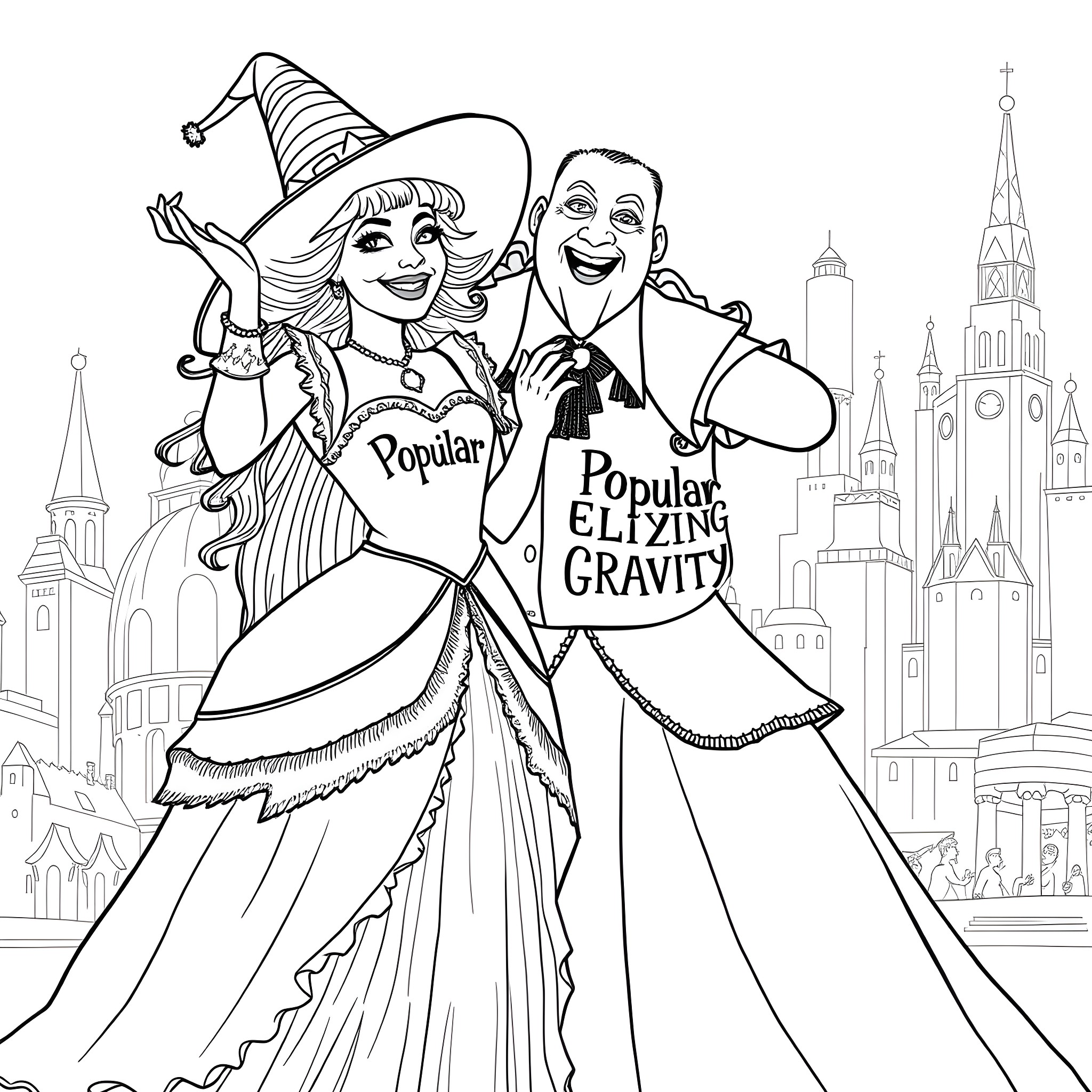 Princess and Prince Charming Celebrating in the Kingdom Coloring Page (free black-and-white line drawing printable PDF for all, from beginners to advanced learners, including children, teens, adults, and seniors)