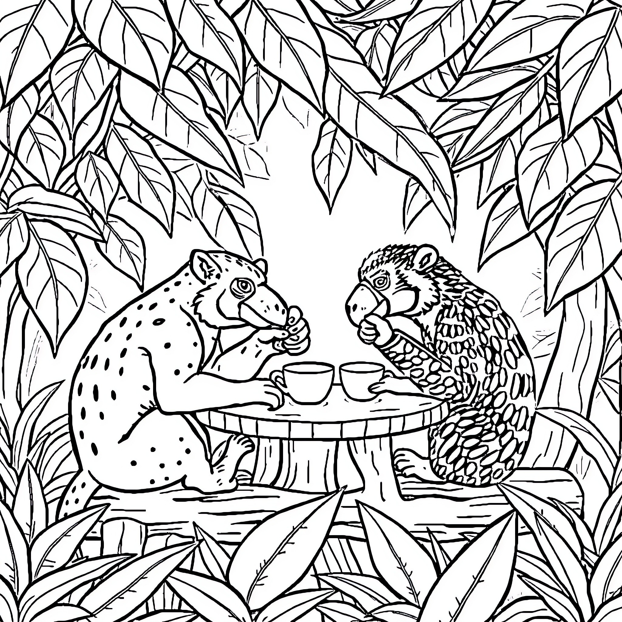 Jungle Animals Enjoying Tea Time Together Coloring Page (free black-and-white line drawing printable PDF for all, from beginners to advanced learners, including children, teens, adults, and seniors)