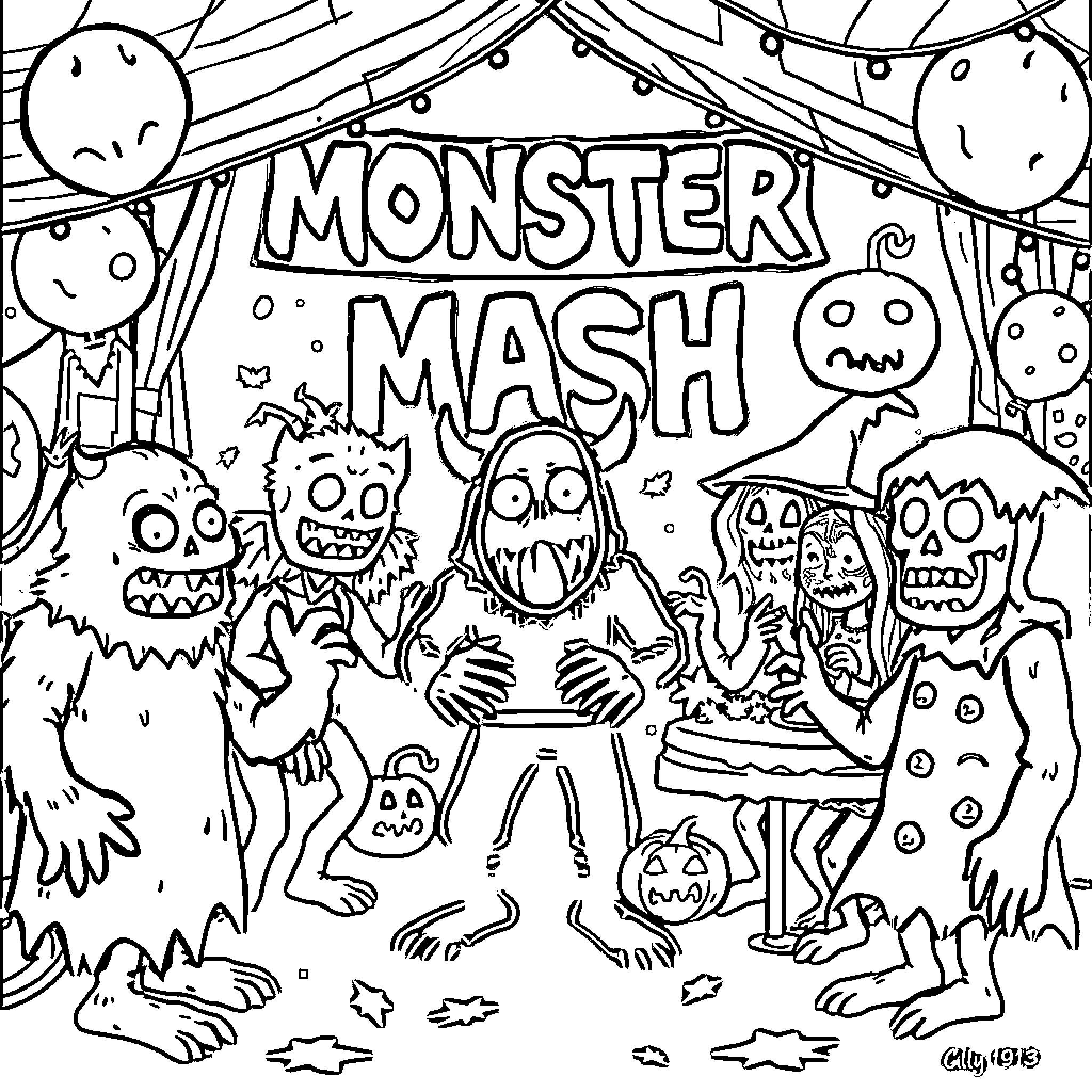 Monster Mash Halloween Party Coloring Page (free black-and-white line drawing printable PDF for all, from beginners to advanced learners, including children, teens, adults, and seniors)
