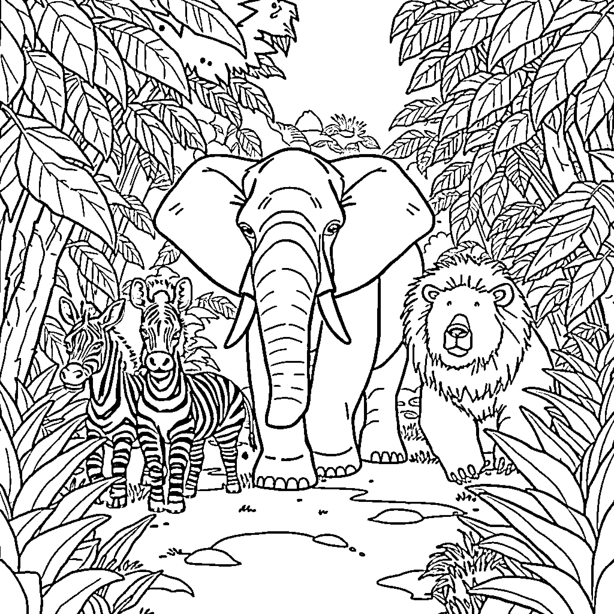 Animal exploring the jungle with friends Coloring Page (free black-and-white line drawing printable PDF for all, from beginners to advanced learners, including children, teens, adults, and seniors)