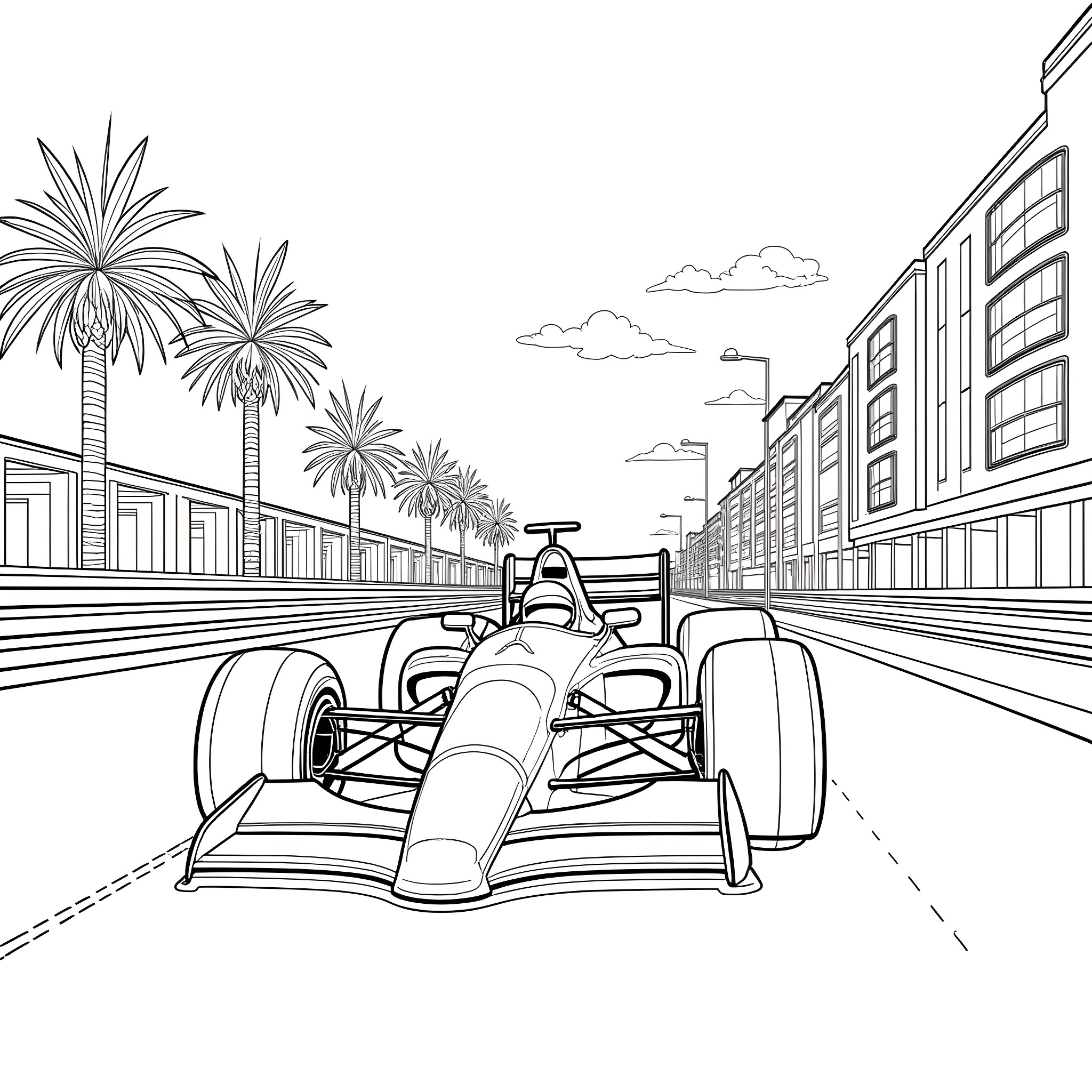 Ayrton Senna racing car on city street with palm trees Coloring Page (free black-and-white line drawing printable PDF for all, from beginners to advanced learners, including children, teens, adults, and seniors)