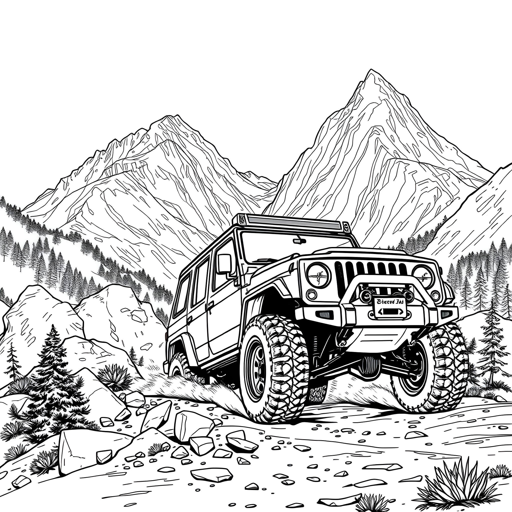 4x4 off-road adventure in the mountains Coloring Page (free black-and-white line drawing printable PDF for all, from beginners to advanced learners, including children, teens, adults, and seniors)