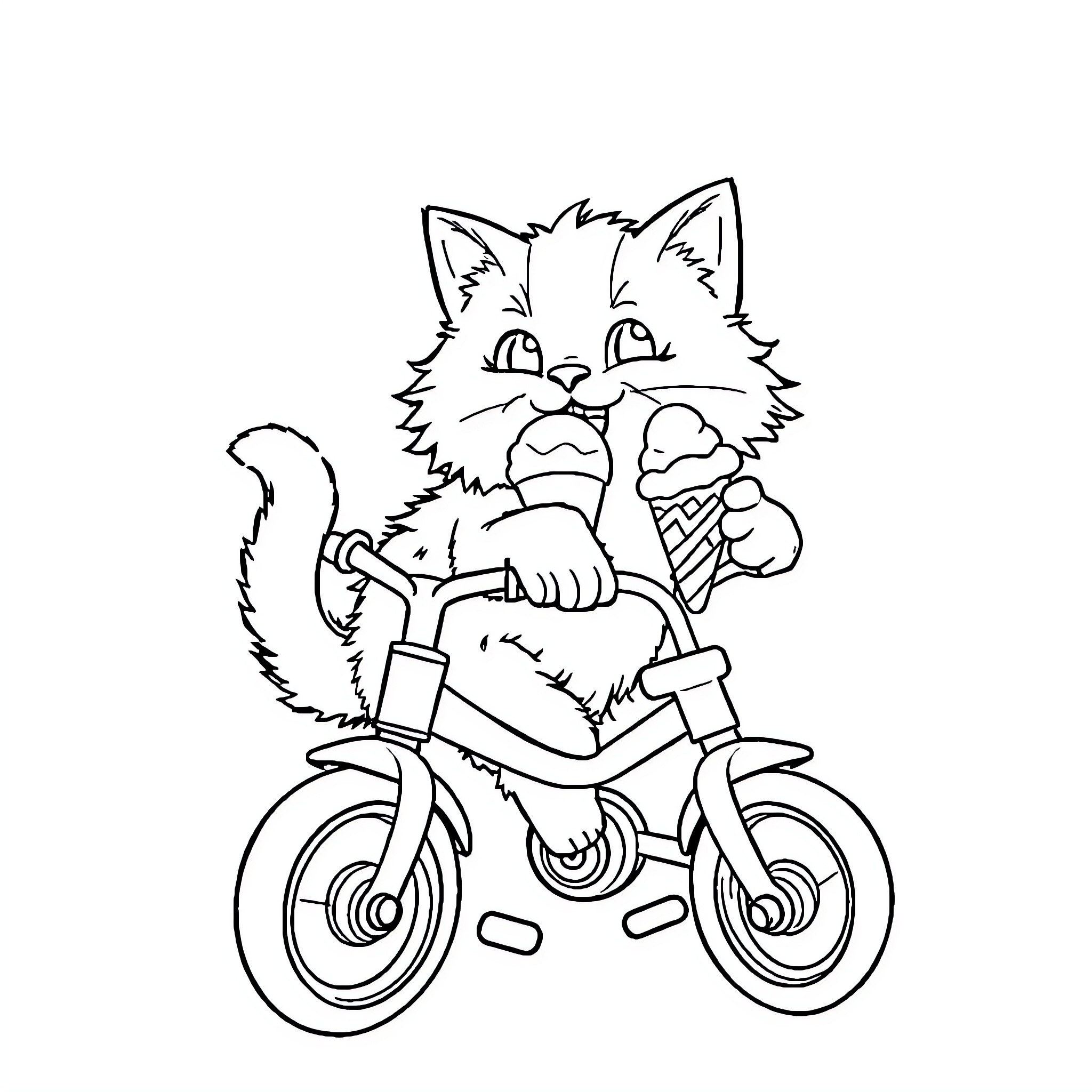Cat riding a bicycle with excitement Coloring Page (free black-and-white line drawing printable PDF for all, from beginners to advanced learners, including children, teens, adults, and seniors)