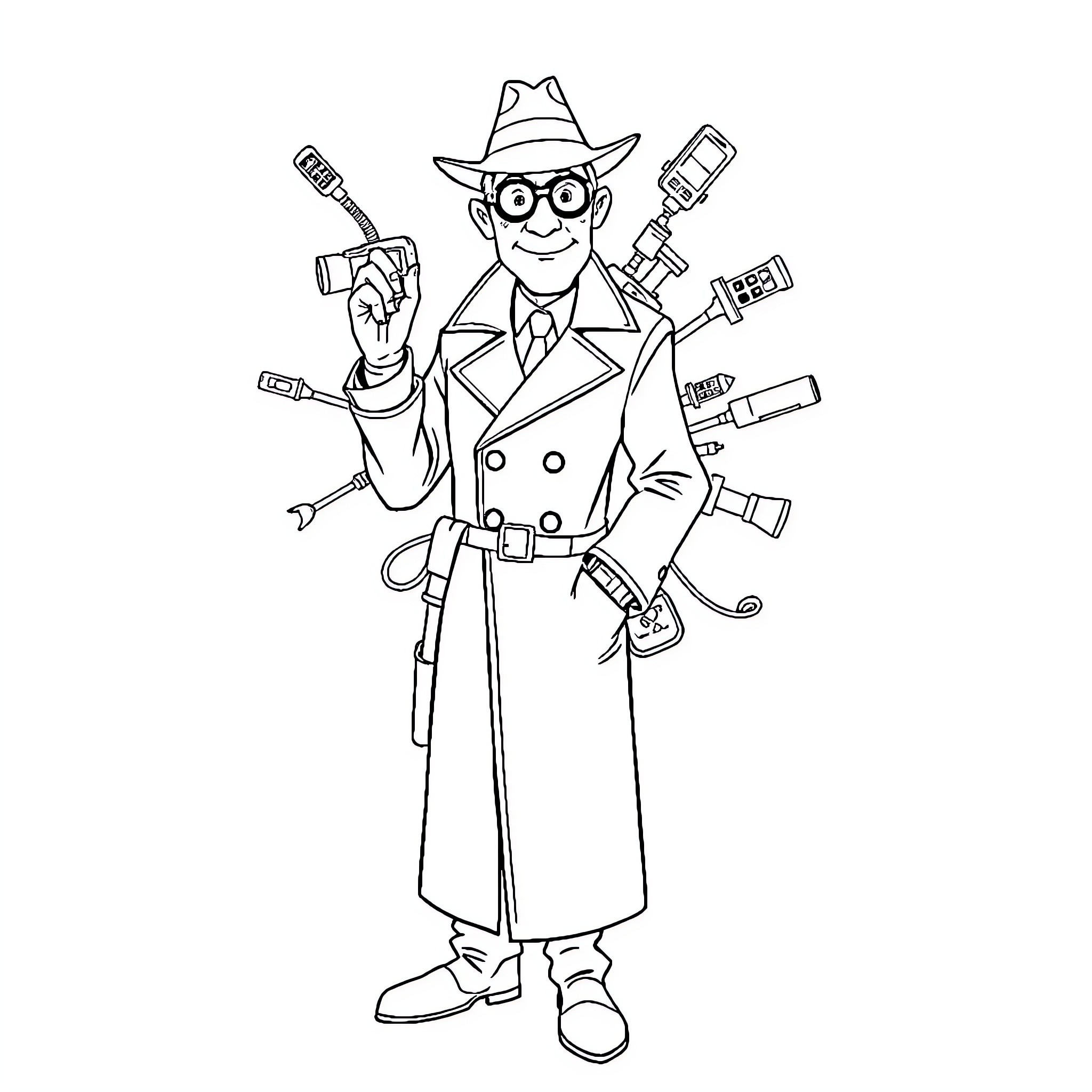 Inspector Gadget Equipped with Gadgets and Gizmos Coloring Page (free black-and-white line drawing printable PDF for all, from beginners to advanced learners, including children, teens, adults, and seniors)