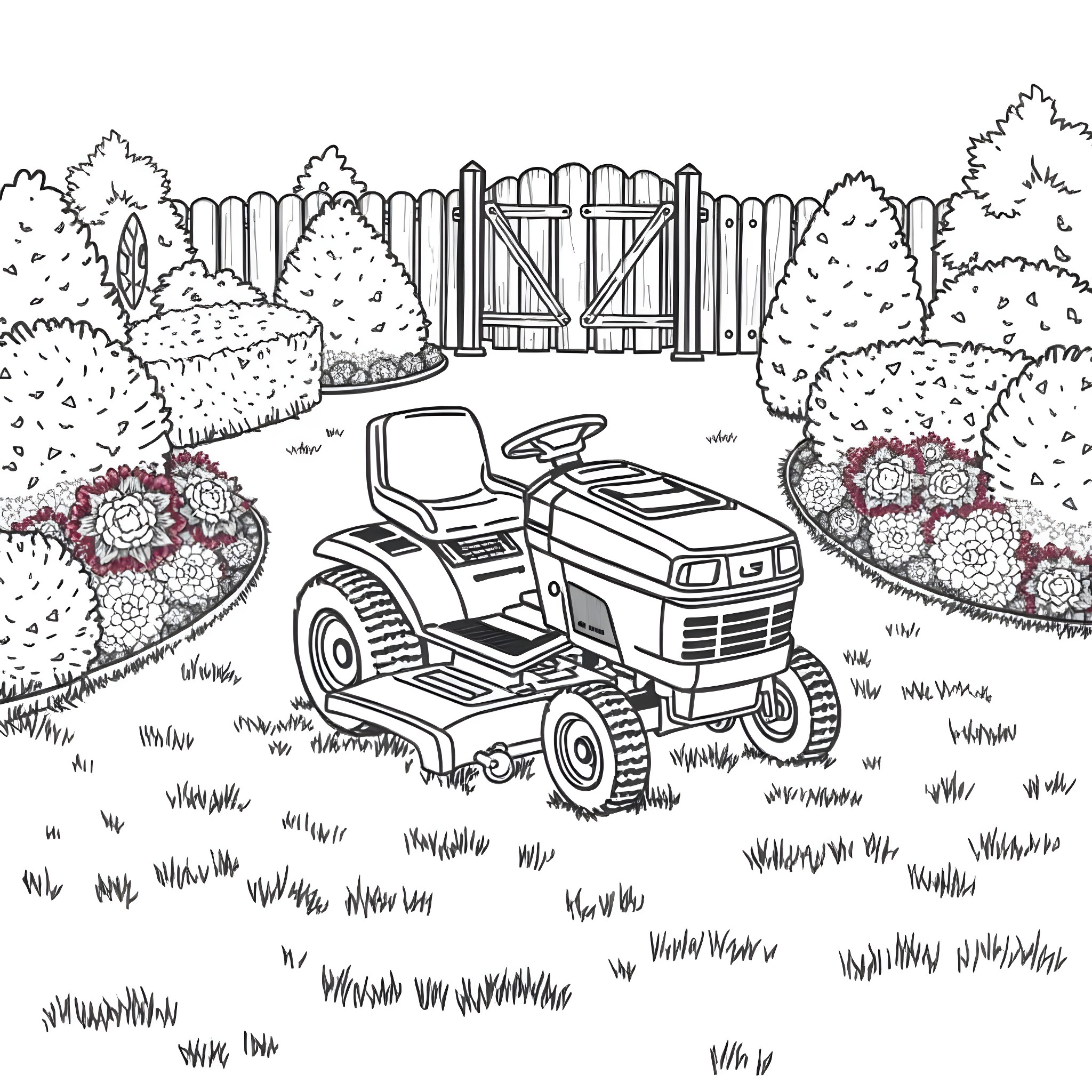 Riding Mower in a Vibrant Garden Scene Coloring Page (free black-and-white line drawing printable PDF for all, from beginners to advanced learners, including children, teens, adults, and seniors)