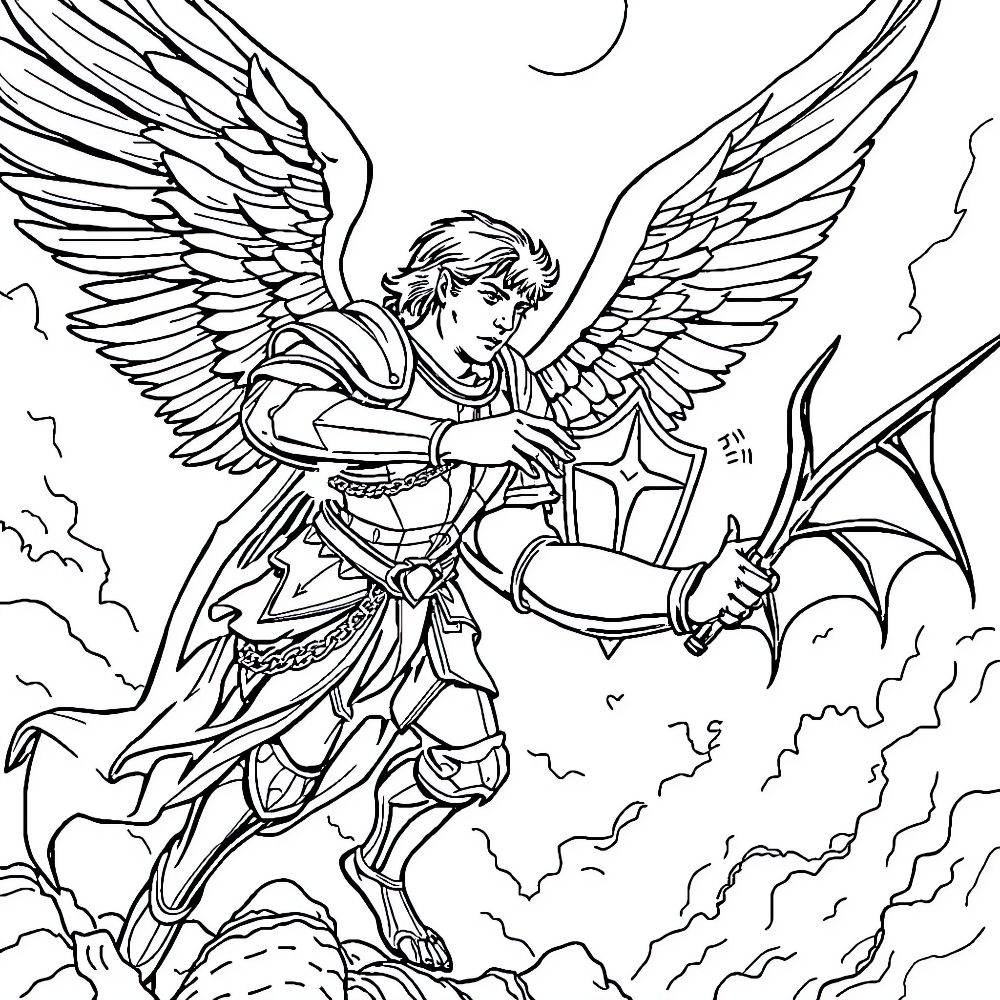 Michael, the Winged Warrior in Battle Coloring Page (free black-and-white line drawing printable PDF for all, from beginners to advanced learners, including children, teens, adults, and seniors)