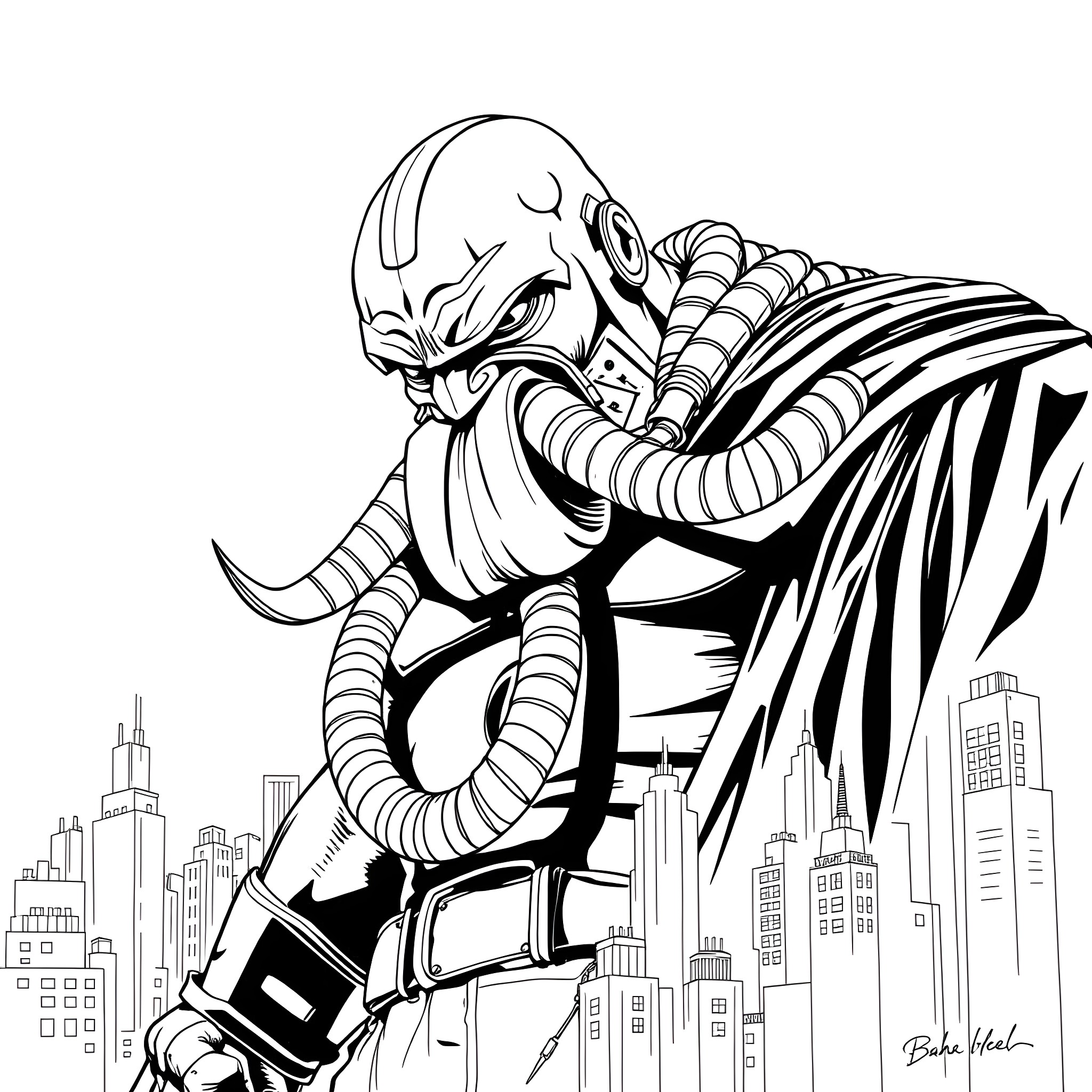 Bane's Dominating Presence in the City Coloring Page (free black-and-white line drawing printable PDF for all, from beginners to advanced learners, including children, teens, adults, and seniors)