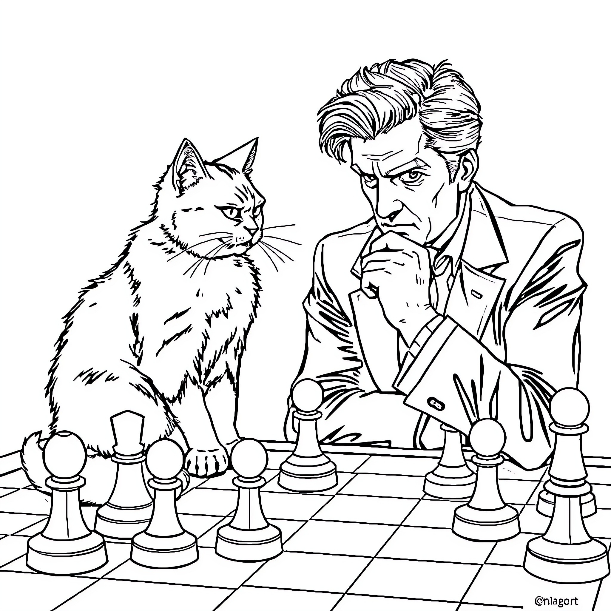 Cat Observing Owner Playing Chess Coloring Page (free black-and-white line drawing printable PDF for all, from beginners to advanced learners, including children, teens, adults, and seniors)