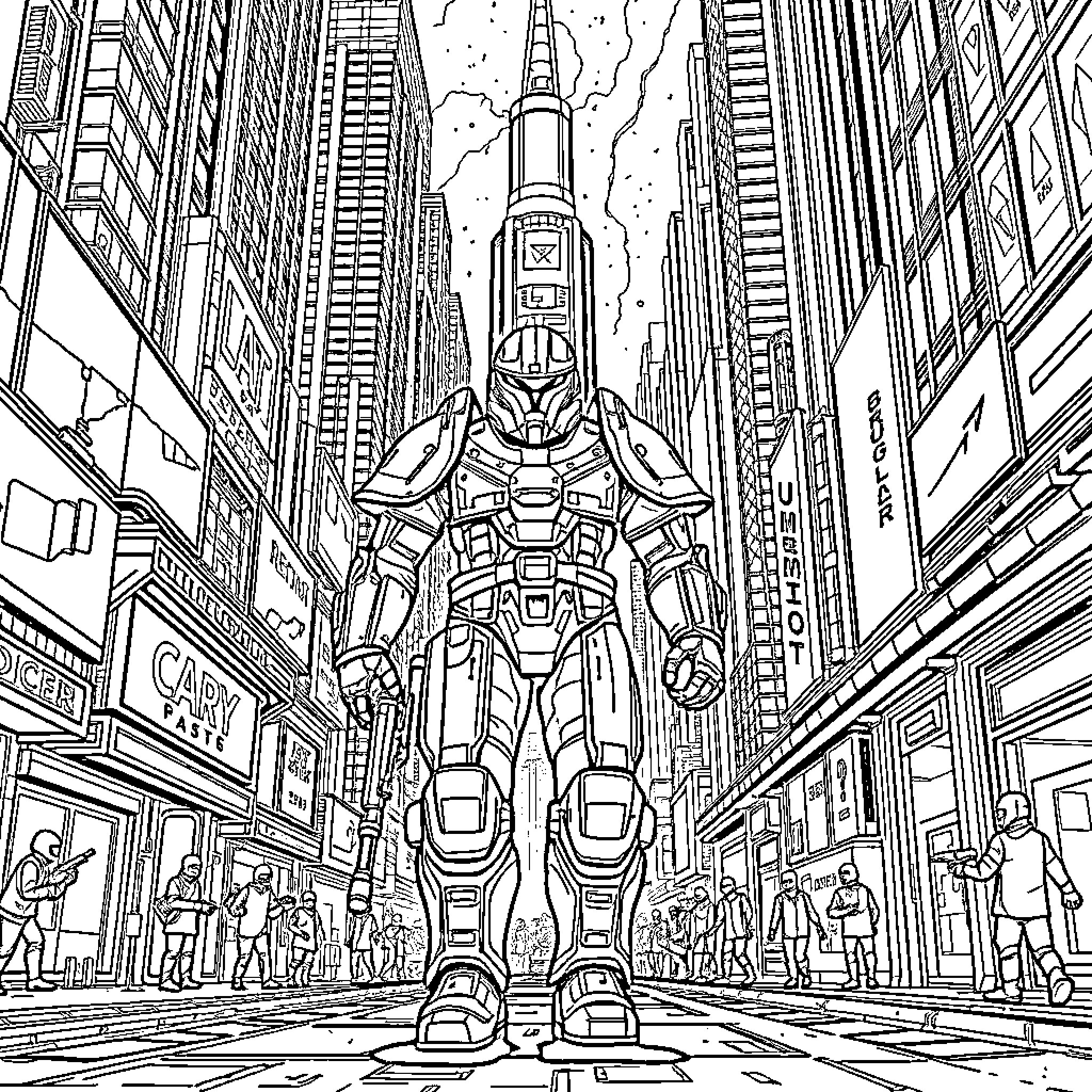Space Marine Standing Tall in Futuristic City Skyline Coloring Page (free black-and-white line drawing printable PDF for all, from beginners to advanced learners, including children, teens, adults, and seniors)