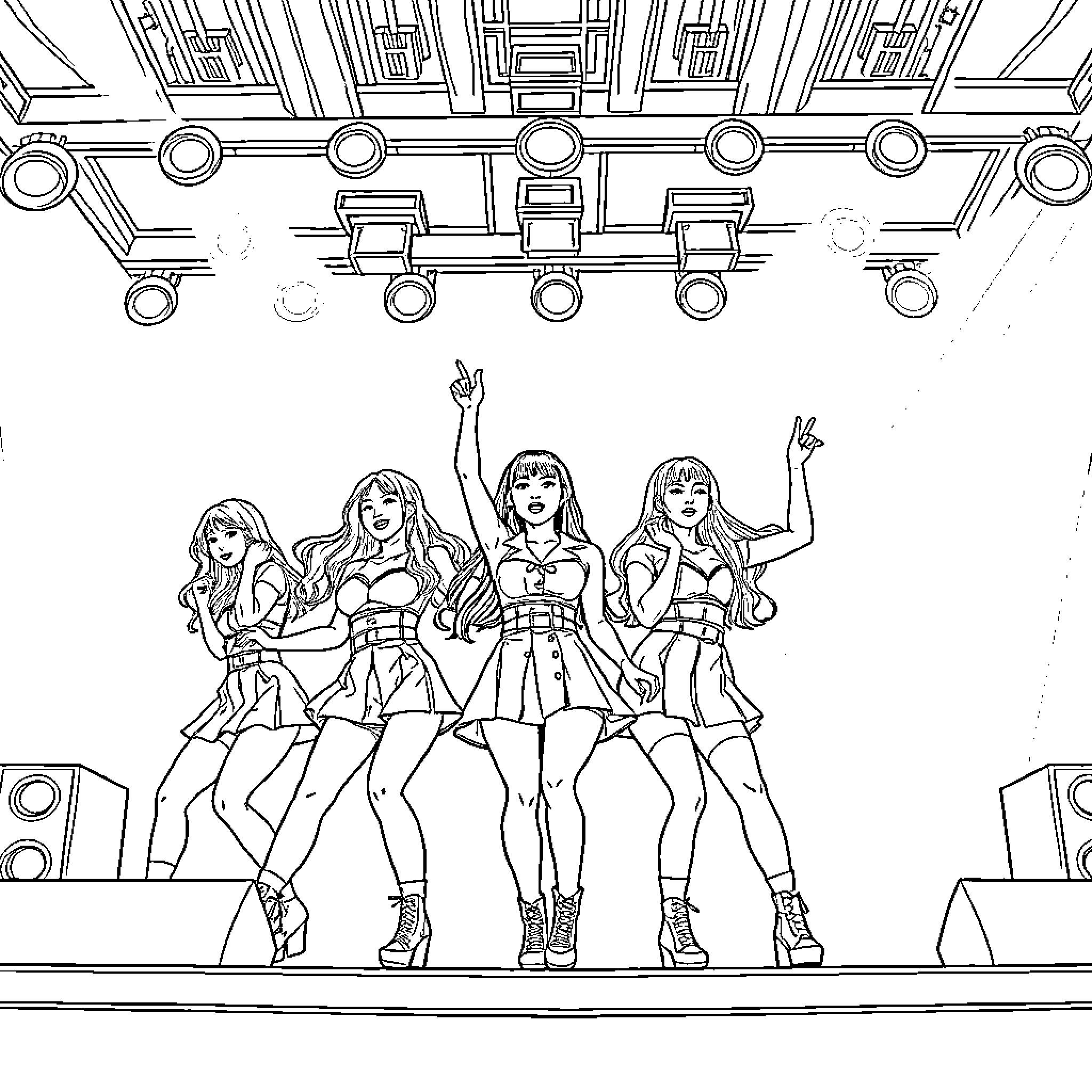 Blackpink performing on stage with energetic dance moves Coloring Page (free black-and-white line drawing printable PDF for all, from beginners to advanced learners, including children, teens, adults, and seniors)