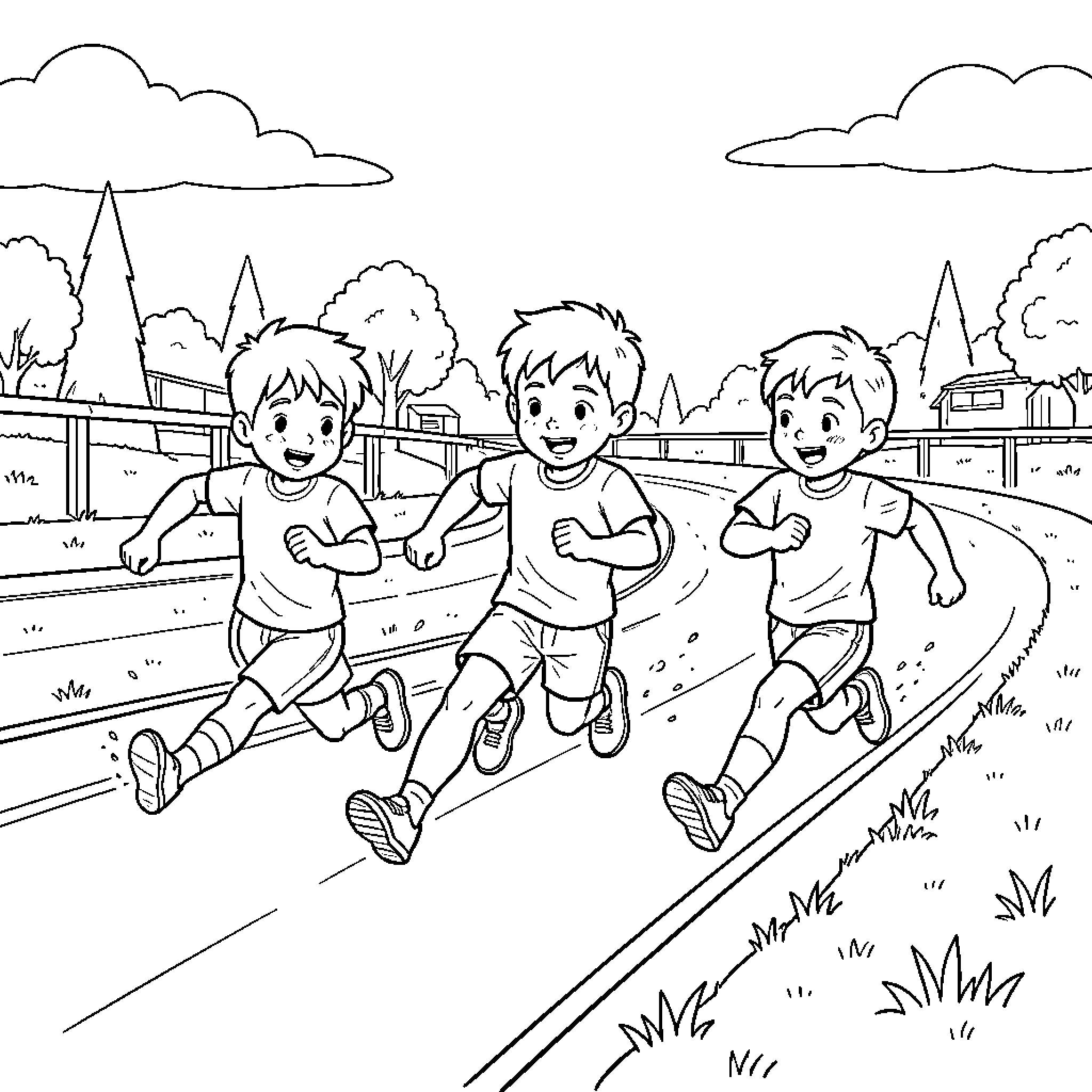 Child running joyfully with friends on a path Coloring Page (free black-and-white line drawing printable PDF for all, from beginners to advanced learners, including children, teens, adults, and seniors)