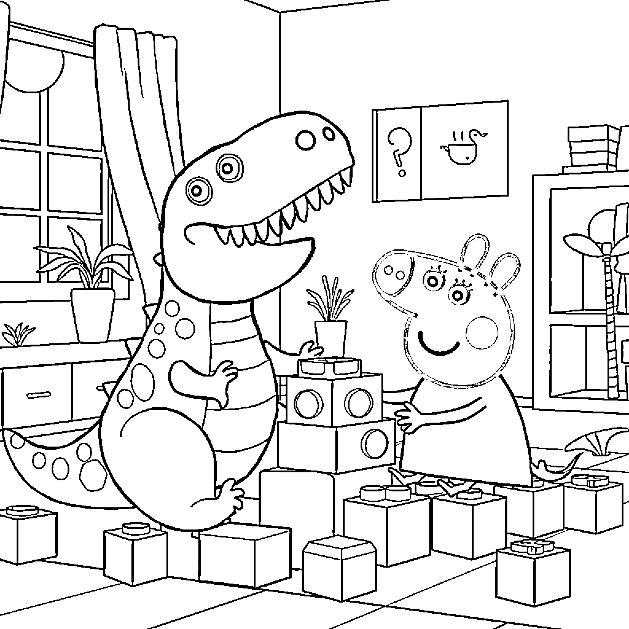 Dinosaur friends playing with toys in a colorful room Coloring Page (free black-and-white line drawing printable PDF for all, from beginners to advanced learners, including children, teens, adults, and seniors)