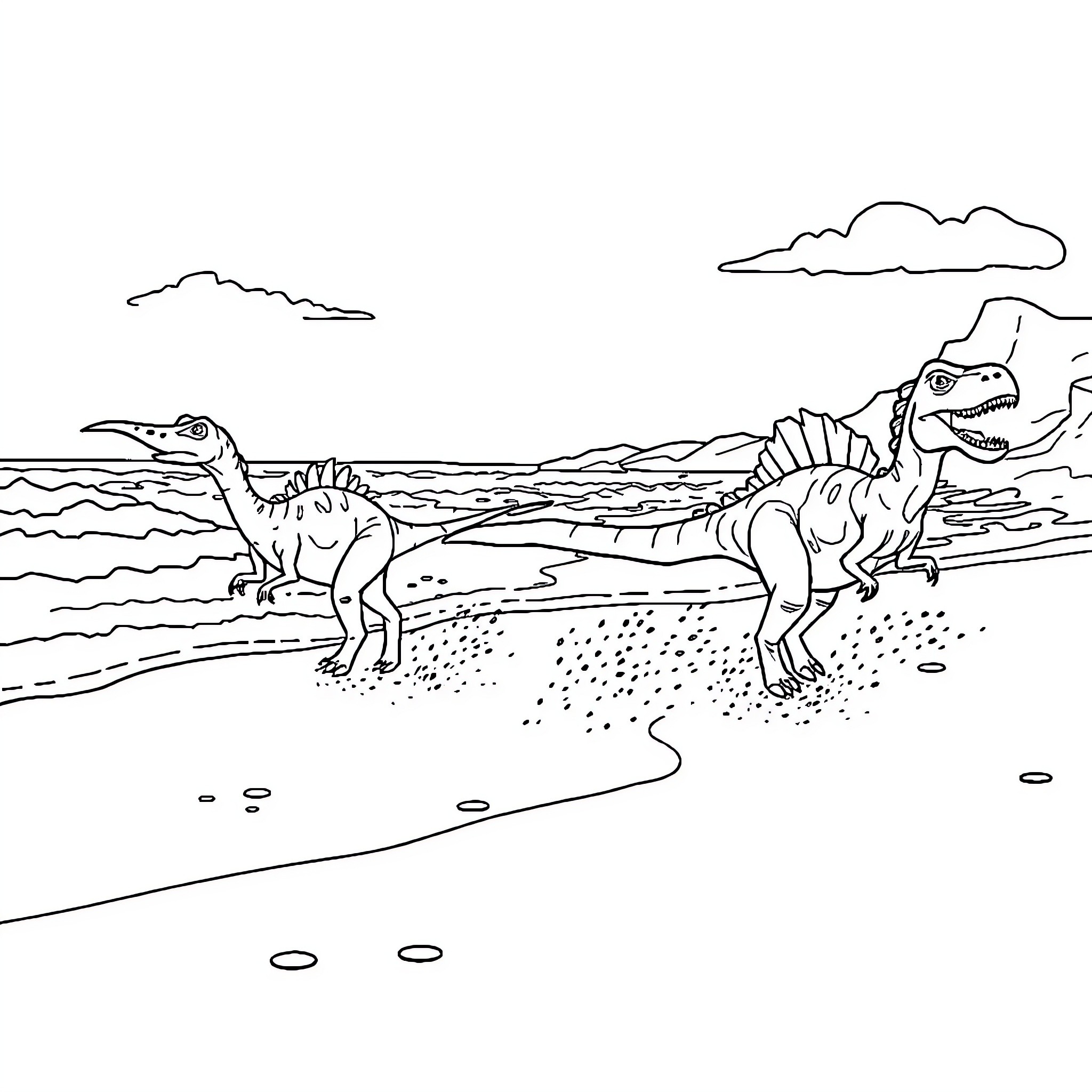 Dinosaurs exploring the prehistoric landscape Coloring Page (free black-and-white line drawing printable PDF for all, from beginners to advanced learners, including children, teens, adults, and seniors)