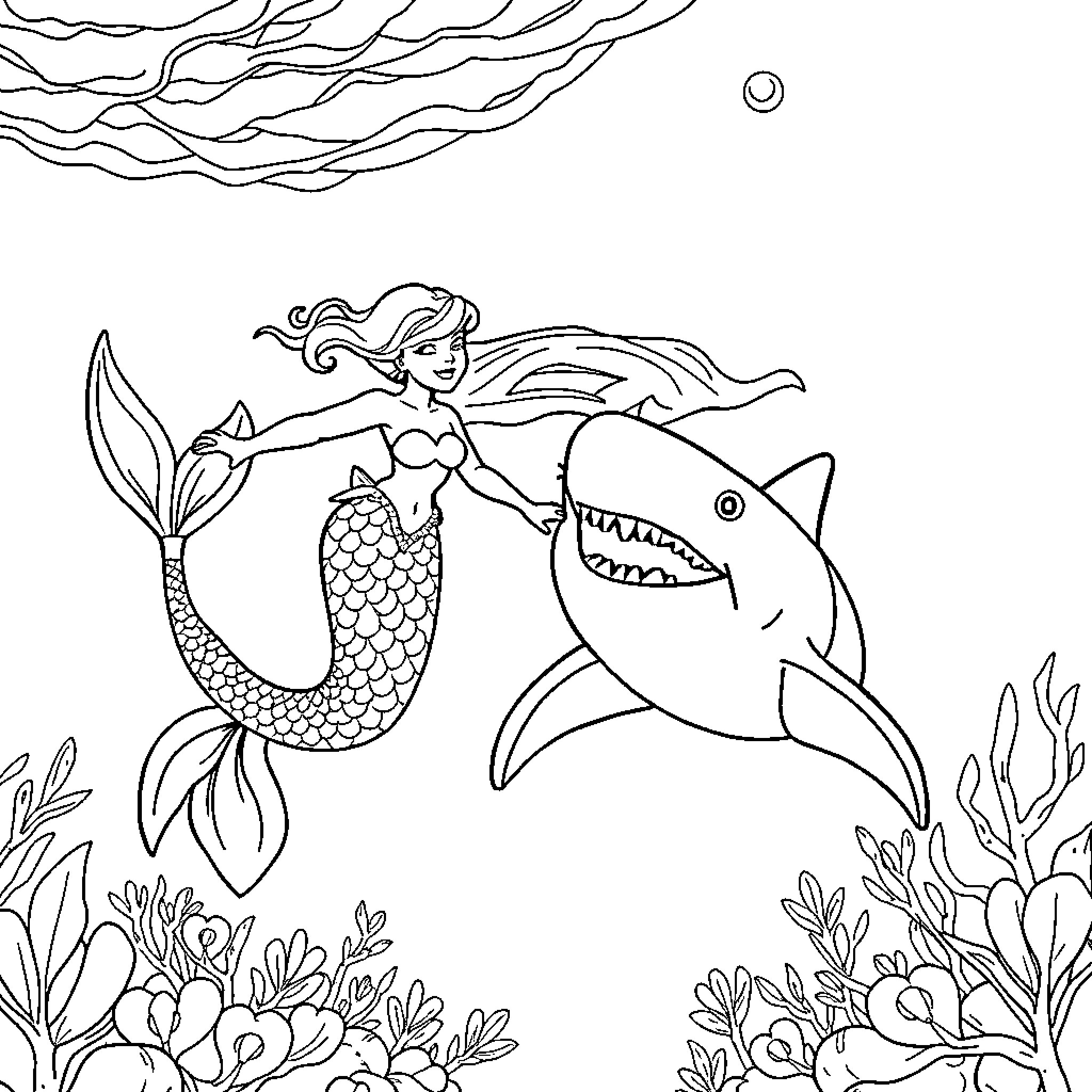 Mermaid swimming with a friendly shark in the ocean Coloring Page (free black-and-white line drawing printable PDF for all, from beginners to advanced learners, including children, teens, adults, and seniors)