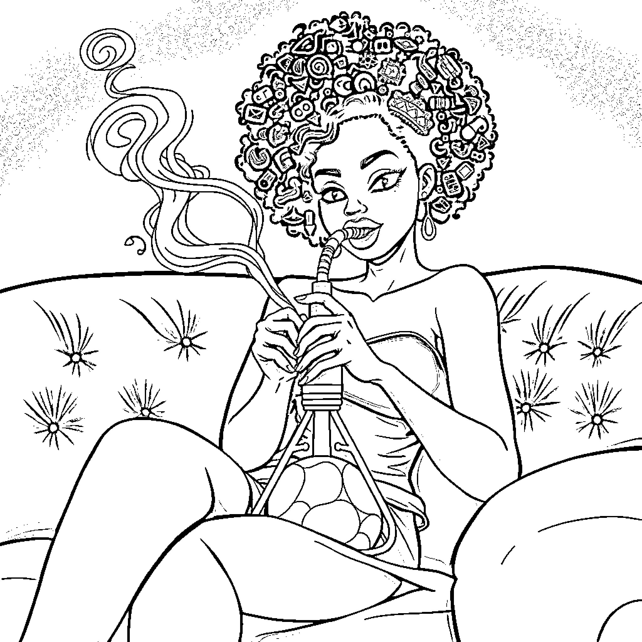 Girl enjoying a shisha in a whimsical setting Coloring Page (free black-and-white line drawing printable PDF for all, from beginners to advanced learners, including children, teens, adults, and seniors)