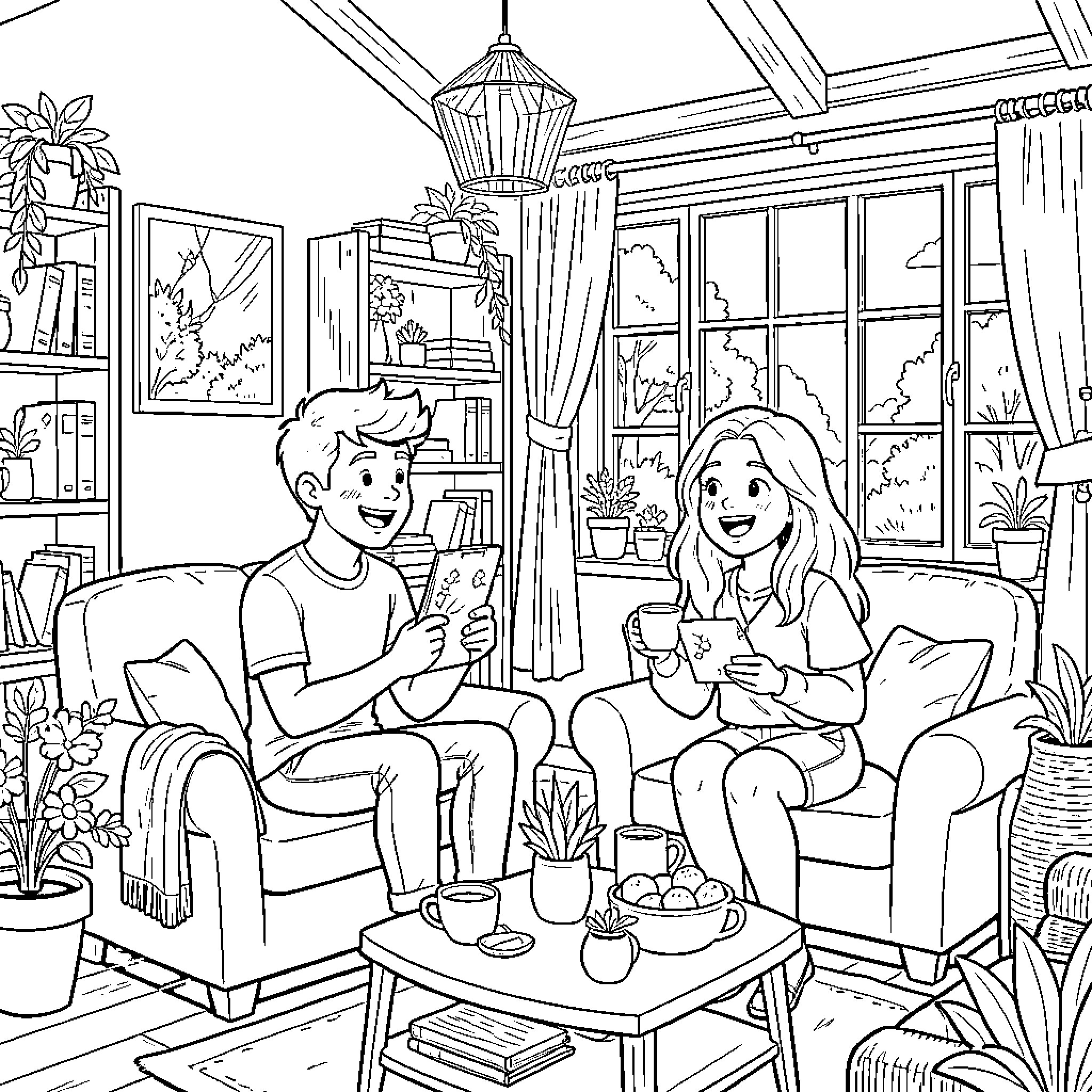 Adolescente amigos se reunindo em casa confortável Coloring Page (free black-and-white line drawing printable PDF for all, from beginners to advanced learners, including children, teens, adults, and seniors)