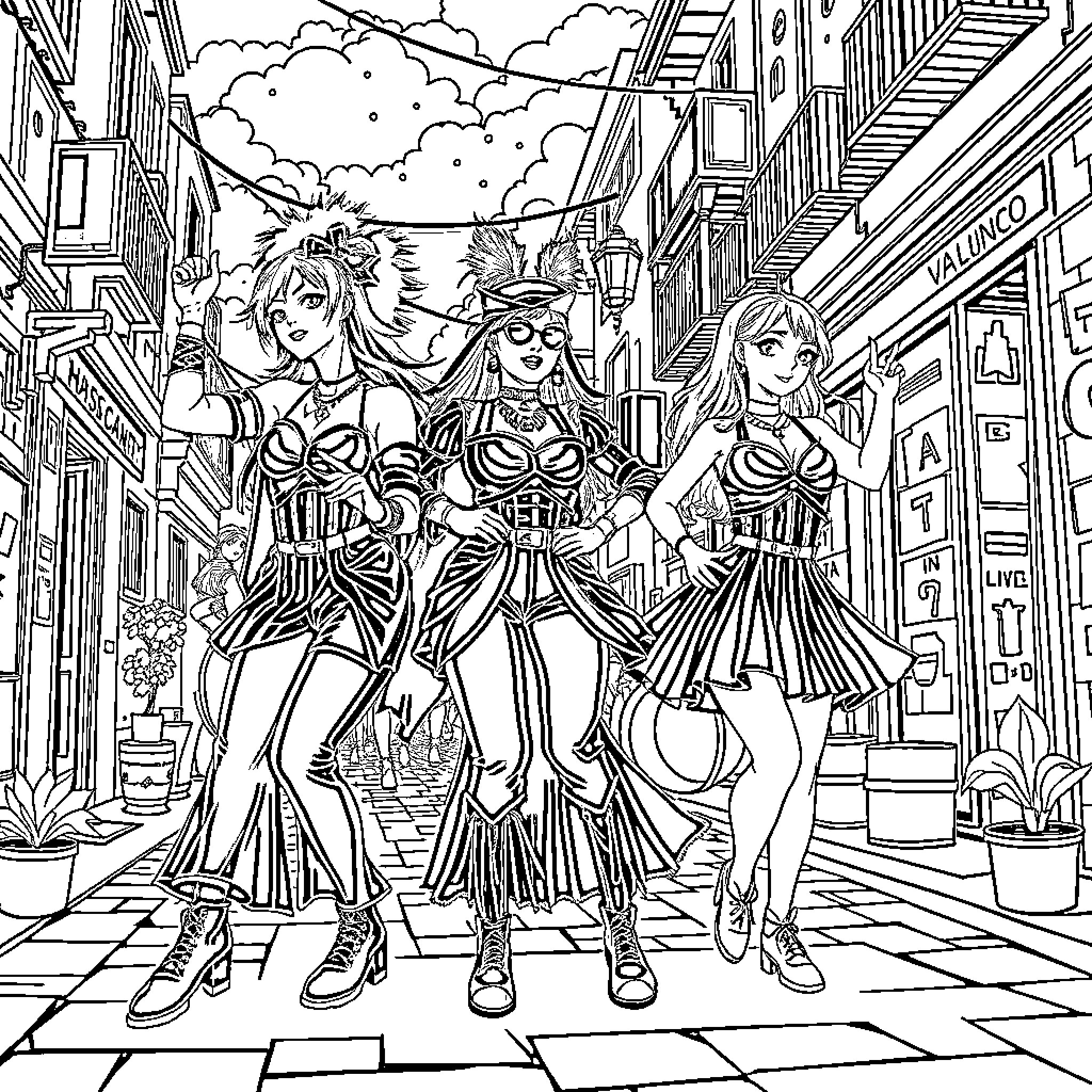 K Pop Warrior Trio Performing on the Streets Coloring Page (free black-and-white line drawing printable PDF for all, from beginners to advanced learners, including children, teens, adults, and seniors)