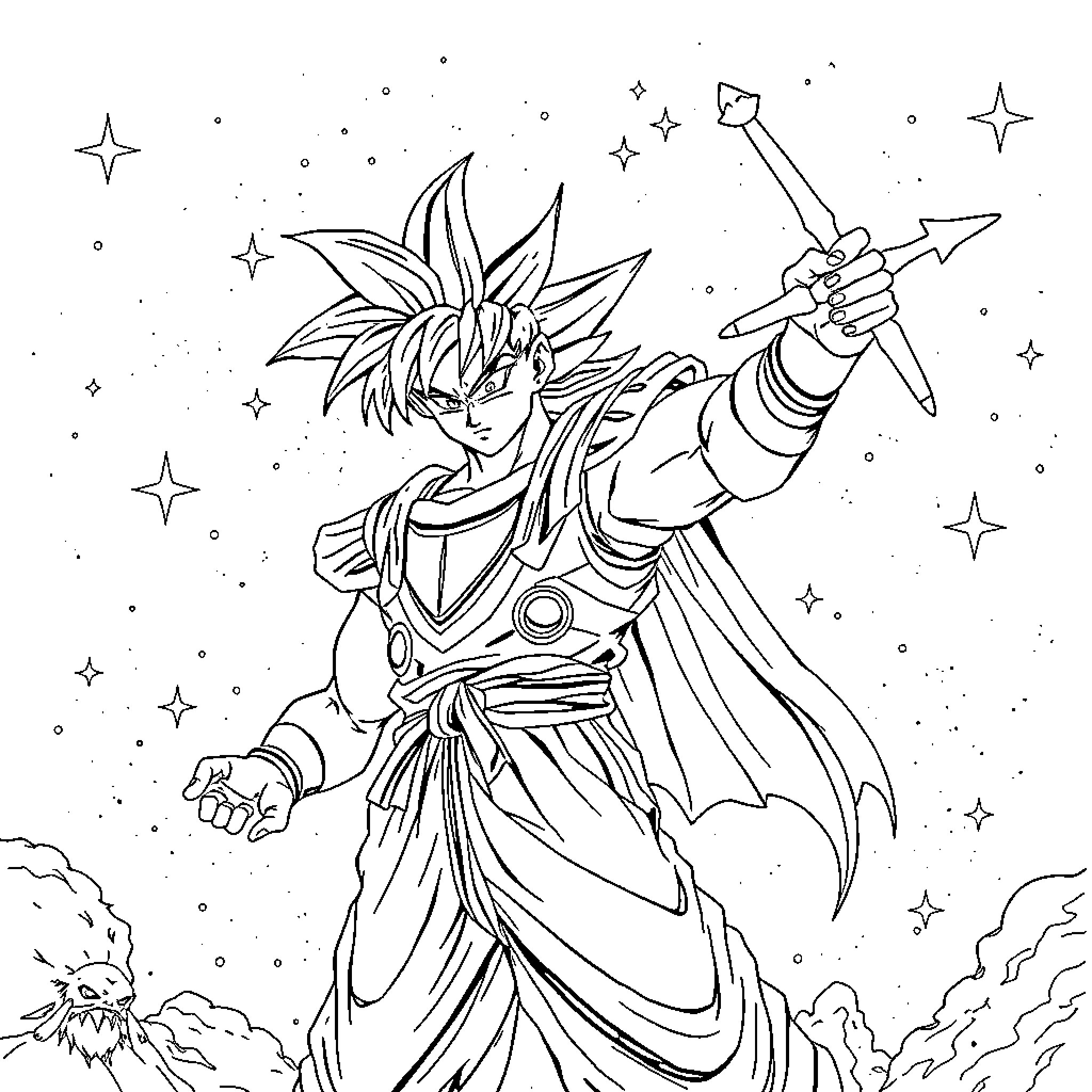 Goku's Heroic Pose in the Cosmic Realm Coloring Page (free black-and-white line drawing printable PDF for all, from beginners to advanced learners, including children, teens, adults, and seniors)