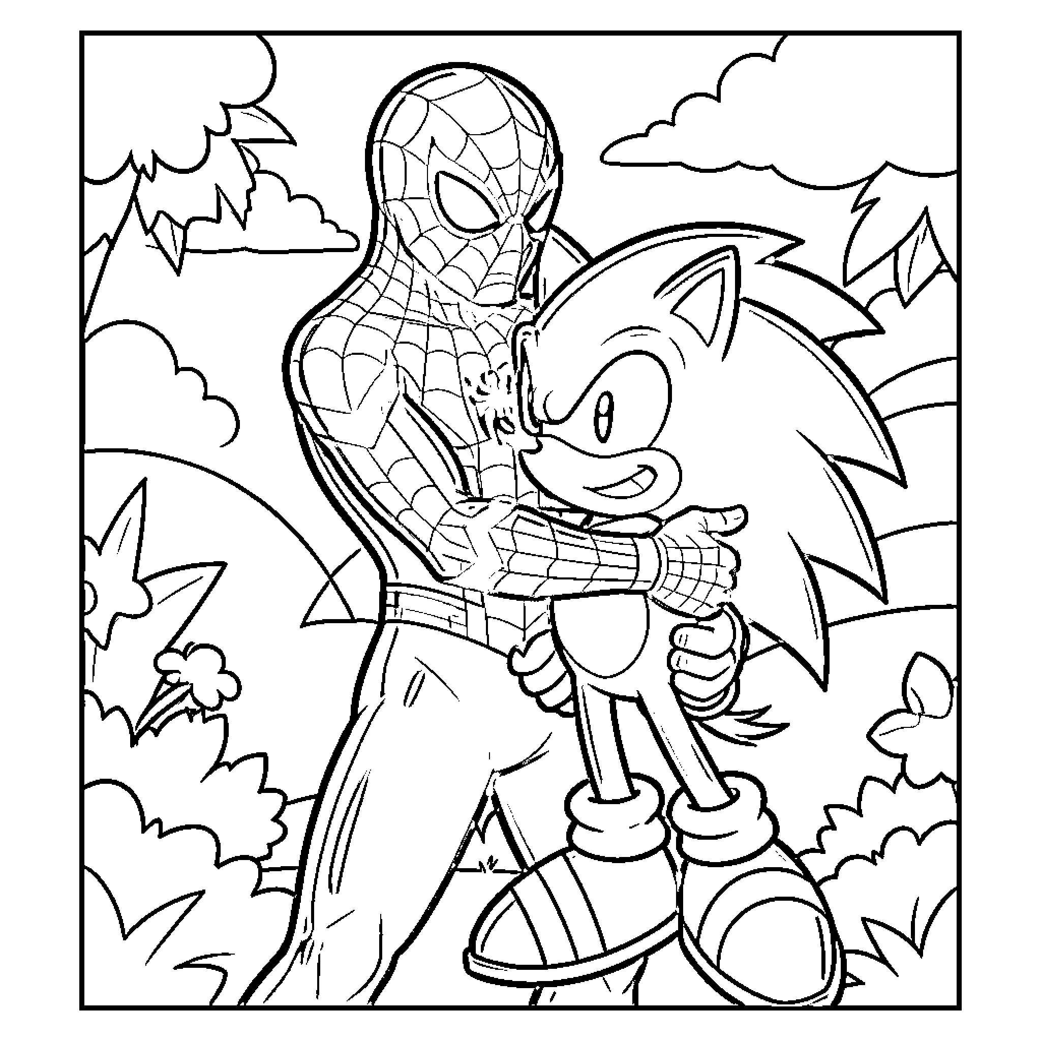 Spaiderman teaming up with Sonic in the woods Coloring Page (free black-and-white line drawing printable PDF for all, from beginners to advanced learners, including children, teens, adults, and seniors)