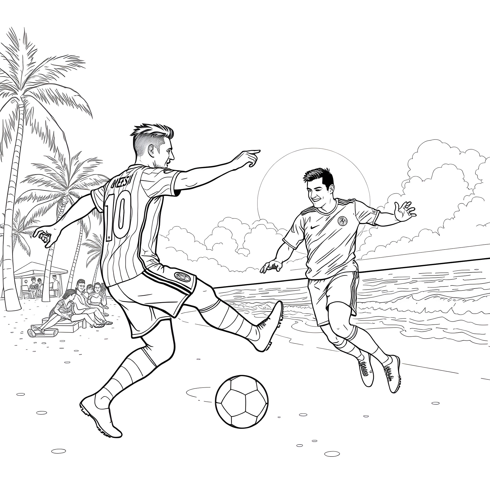 Soccer players competing in a beachside match Coloring Page (free black-and-white line drawing printable PDF for all, from beginners to advanced learners, including children, teens, adults, and seniors)